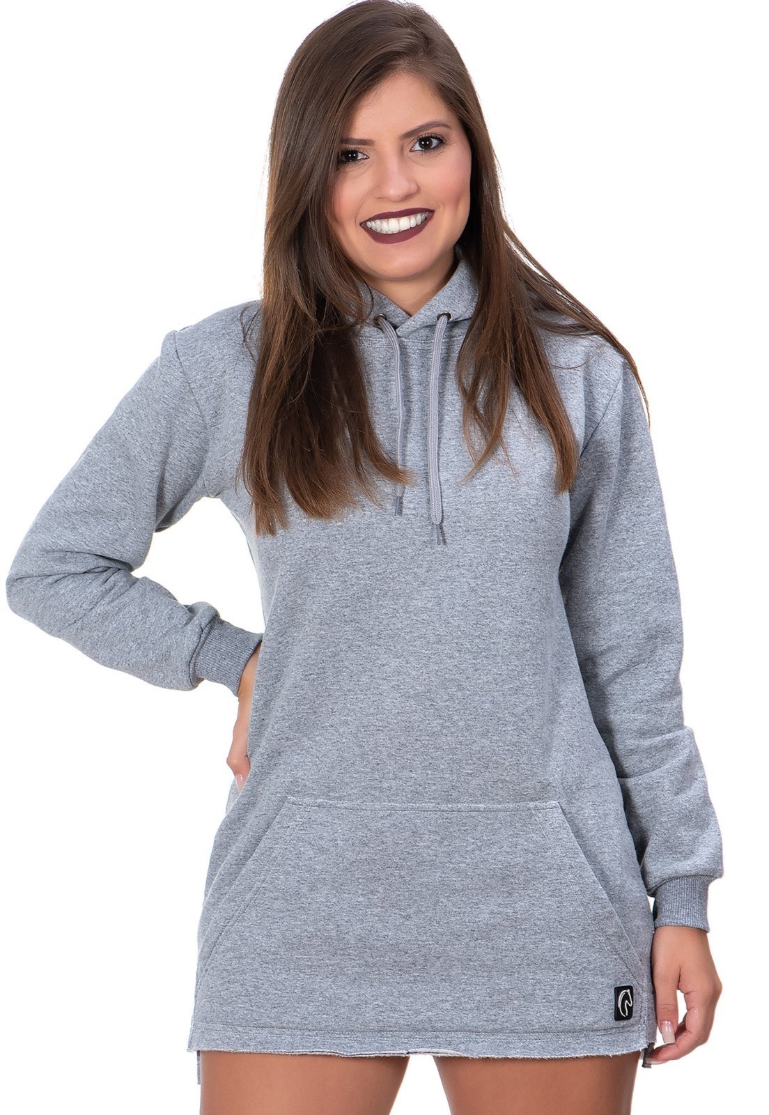 Vestido de Moletom Curto Moletinho Liso Manga Longa Com Capuz e Bolso Canguru Confortável Cinza