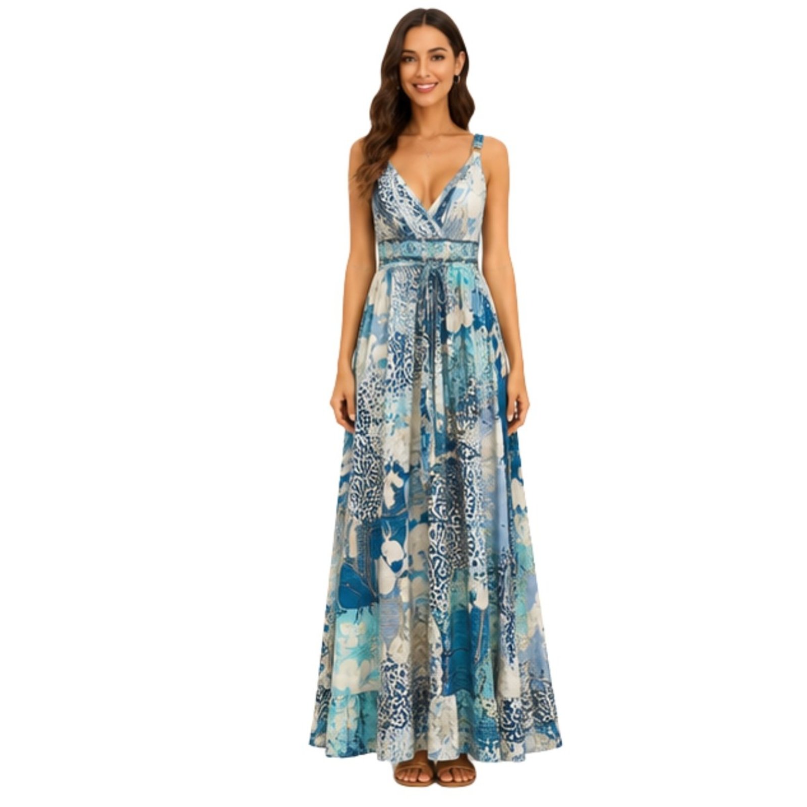 Vestido Longo Feminino Estampado Alças Reguláveis Verão Casual Boho Bali Azul