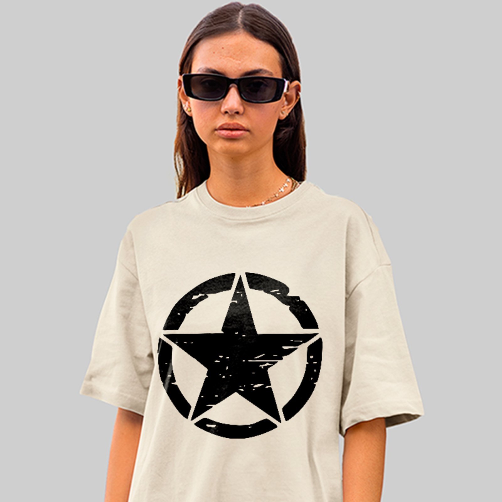 Camiseta Oversized Premium Military Army Star Street Unissex Off White