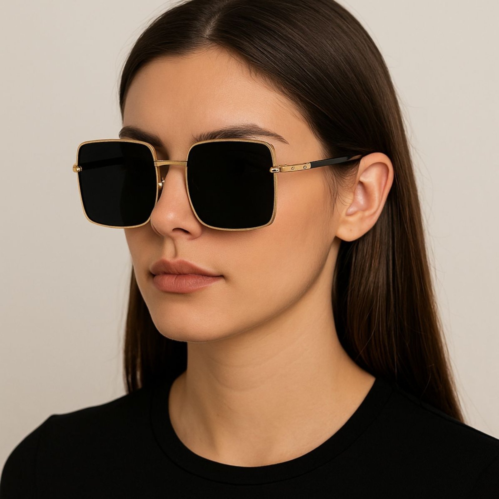 Óculos de Sol Quadrado Dourado com Lente Preta Premium Preto