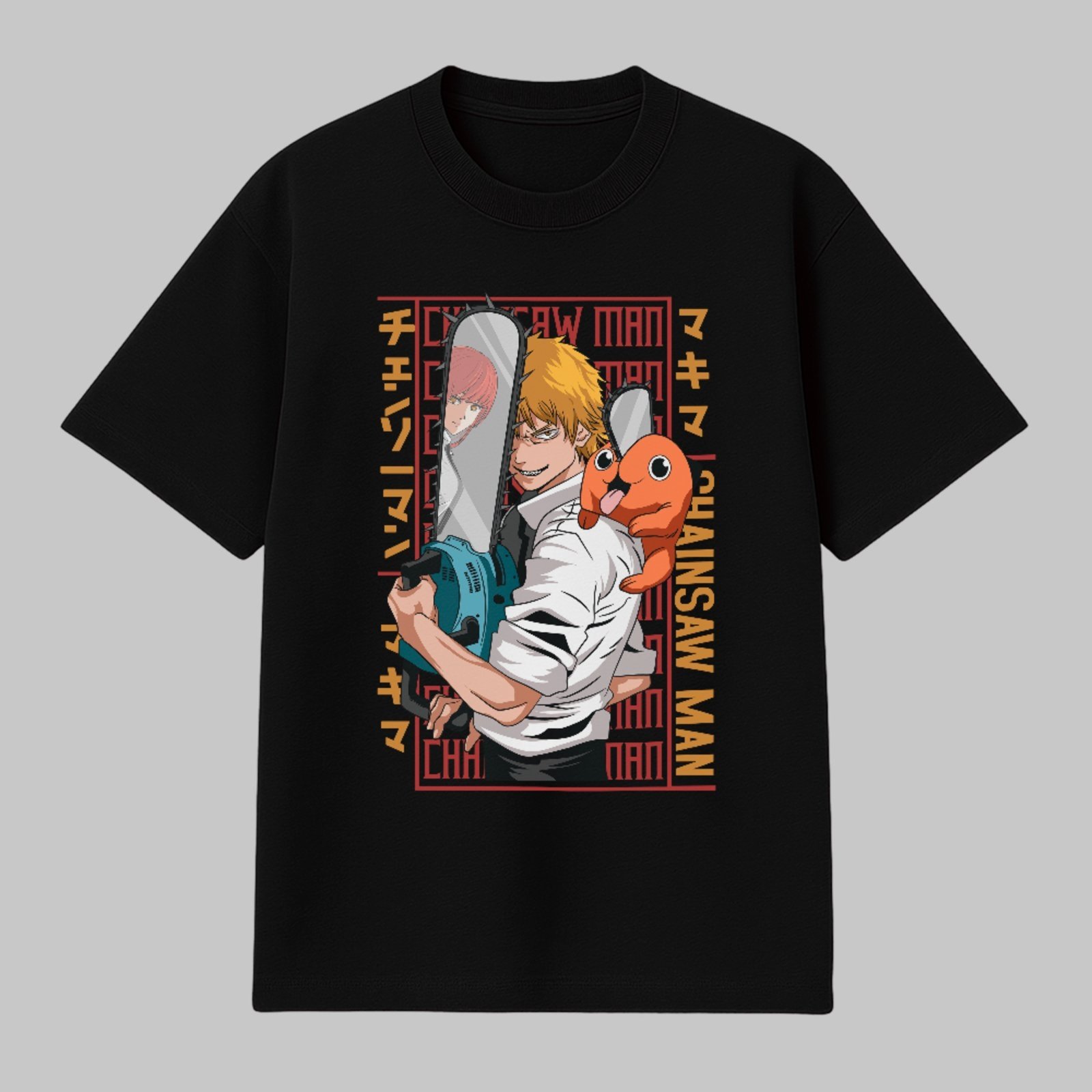 Camiseta Ousy Básica Anime Estilo Otaku Insano Denji e Pochita Chainsaw Man Unissex Preto