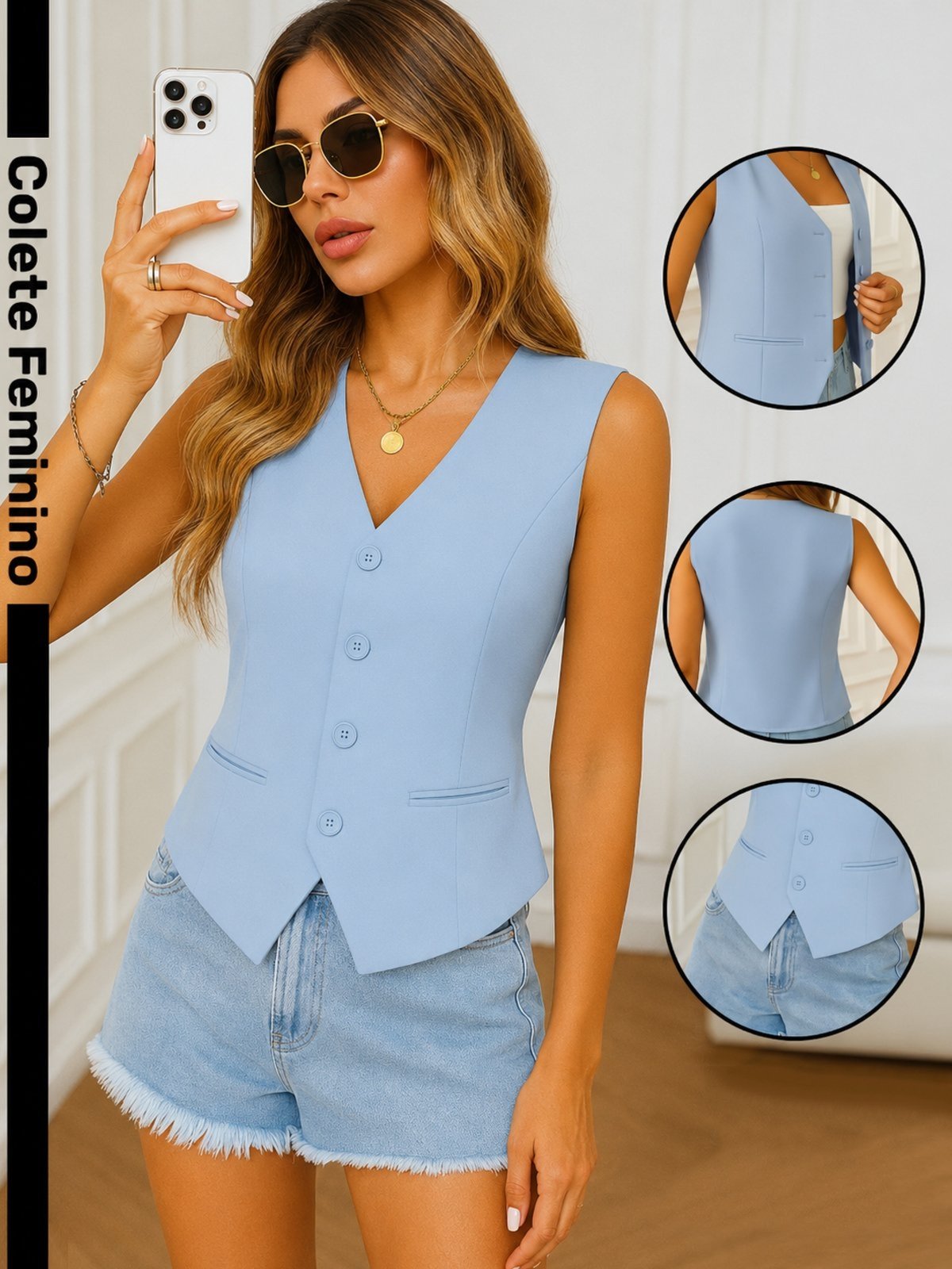 Colete Feminino Alfaiataria Safira Moda Azul