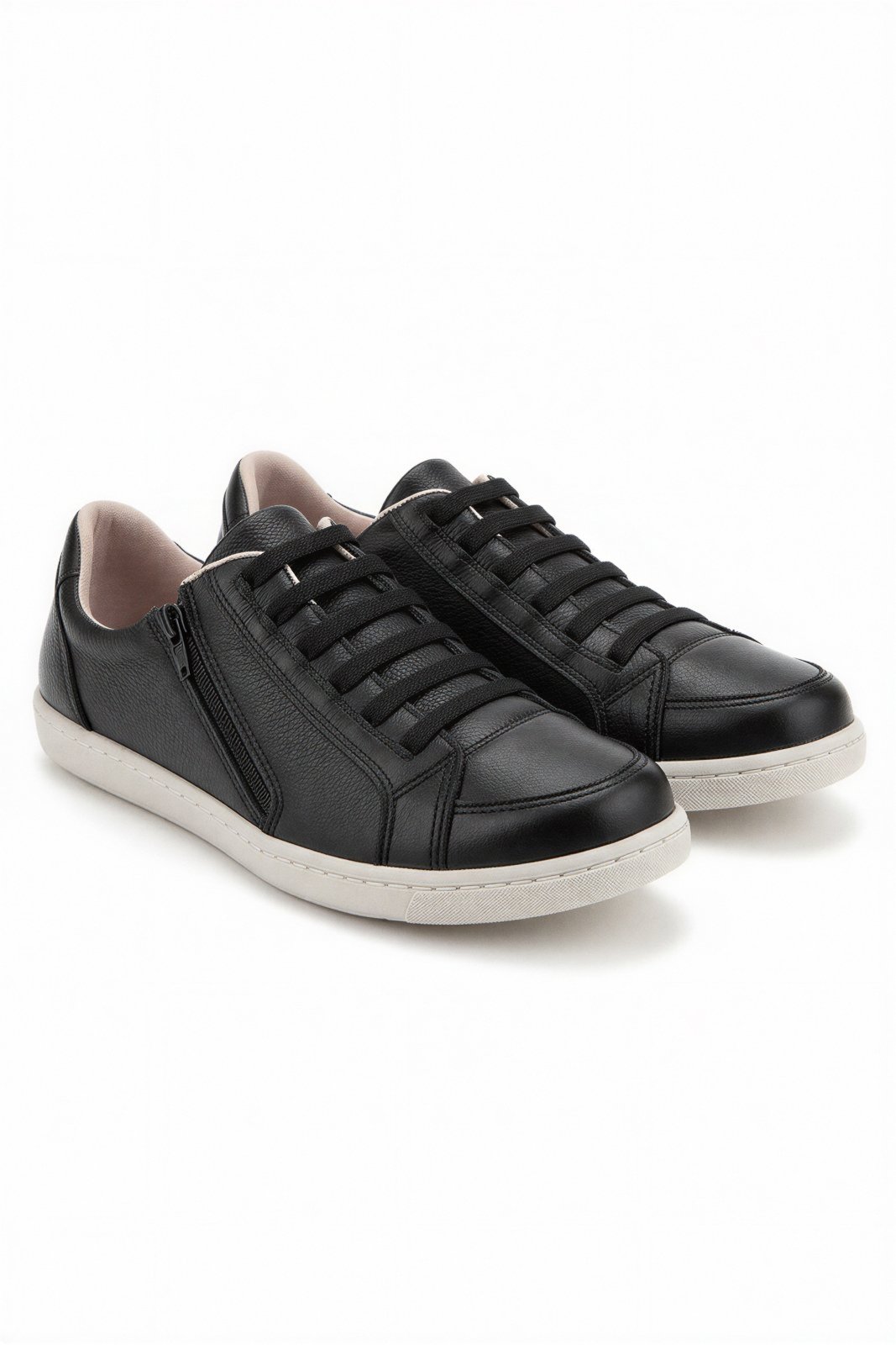Tênis feminino em couro com elástico e zíper 0203 - Preto