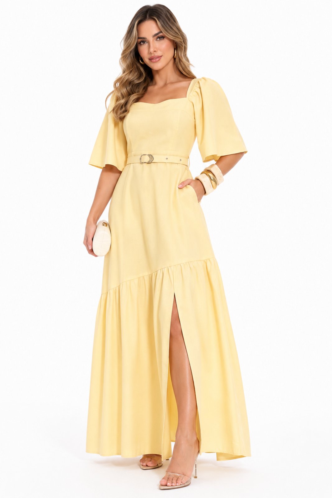 Vestido Longo D Bell Outlet Fashion Com Cinto e Fenda Amarelo Manteiga