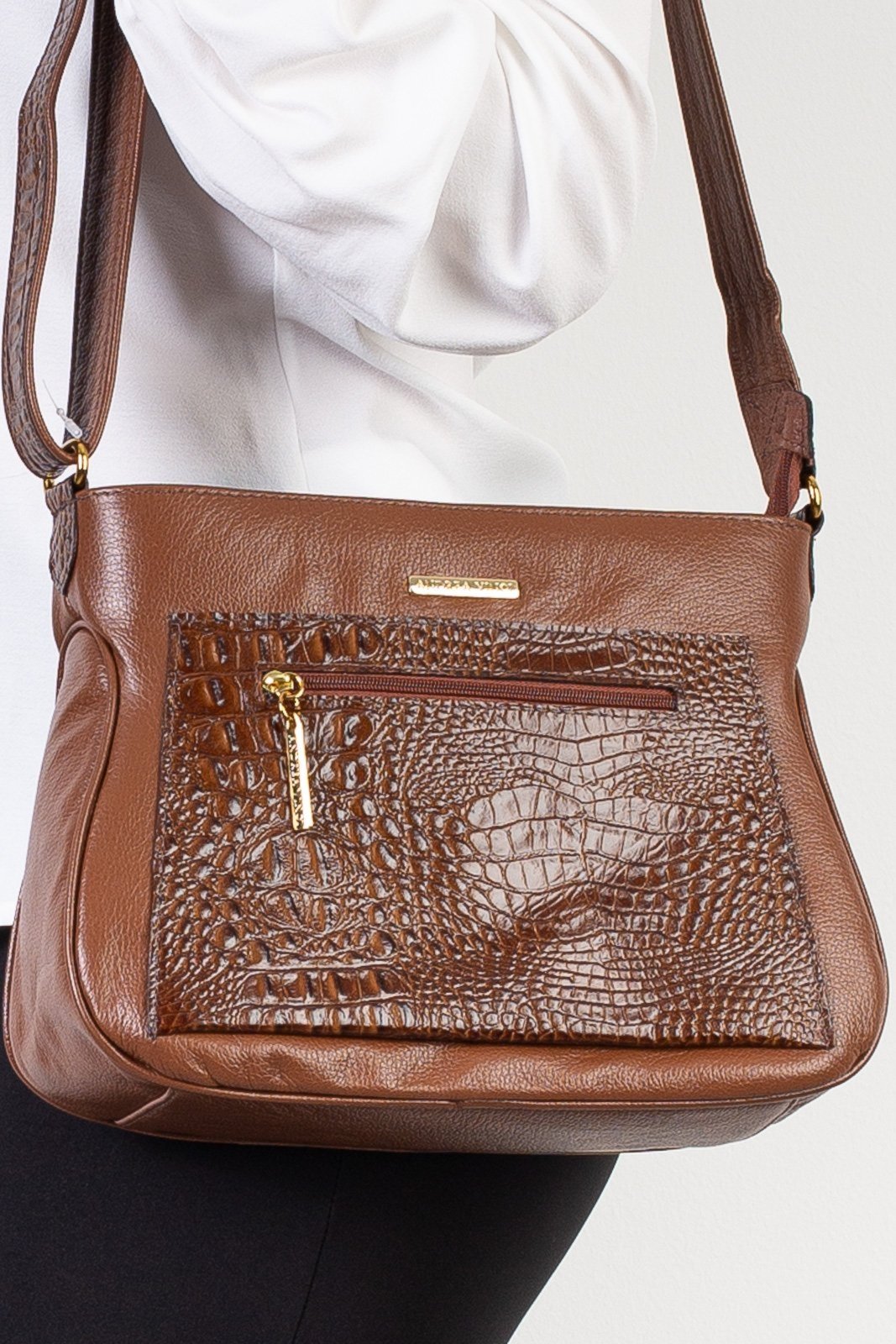 Vista 2 Bolsa feminina tiracolo de couro croco Maísa - Whisky verde verde