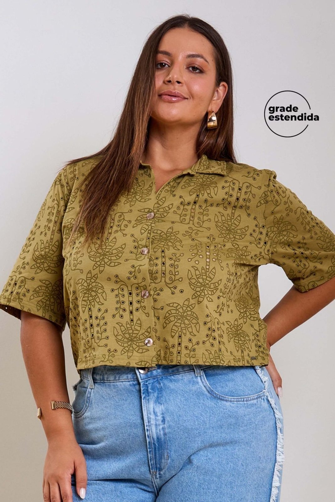 Camisa Feminina Tropical Devorê Marialícia Verde