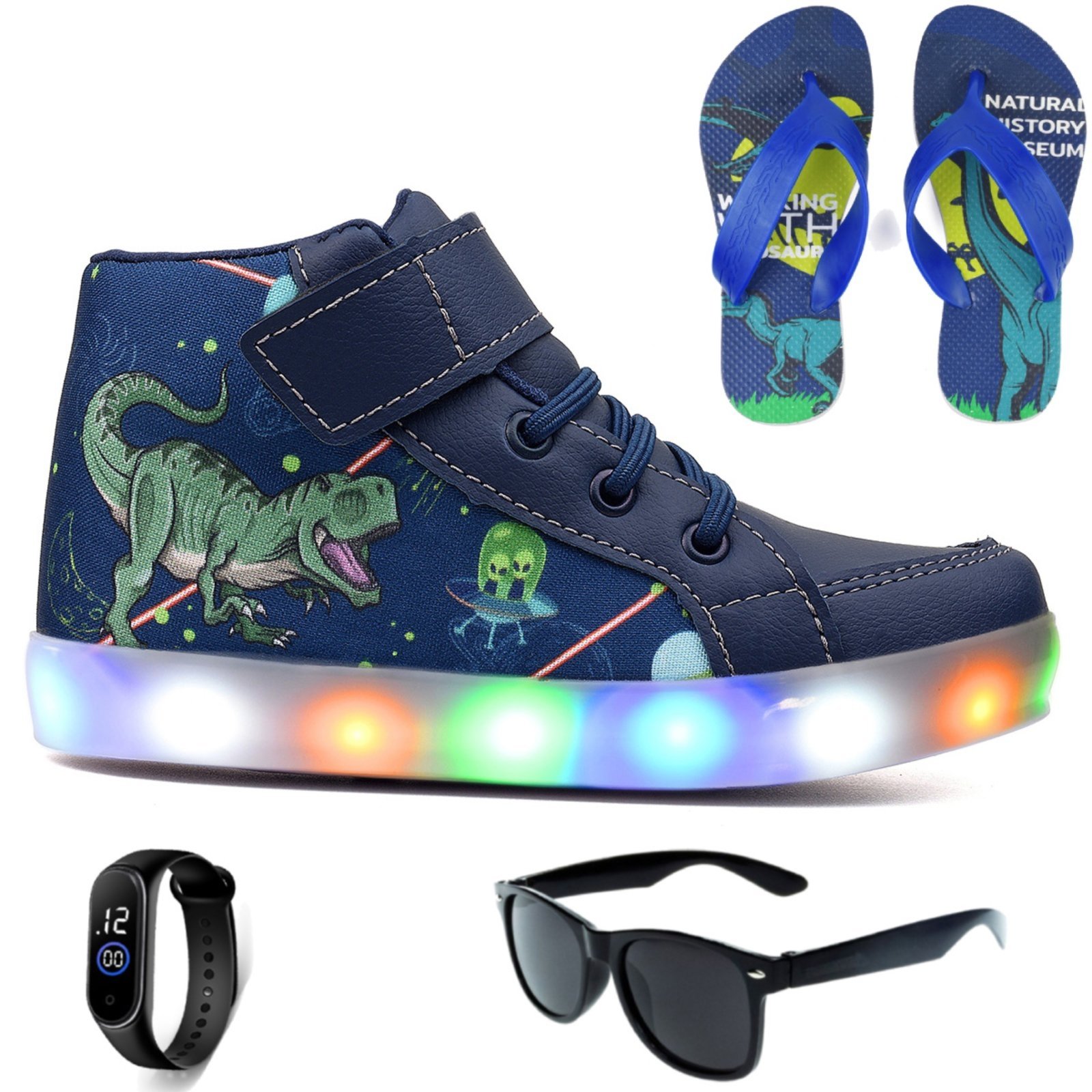Infantil – Tenis Botinha de Led Meninos Dinossauro Marinho + Chinelo Oculos e Relogio