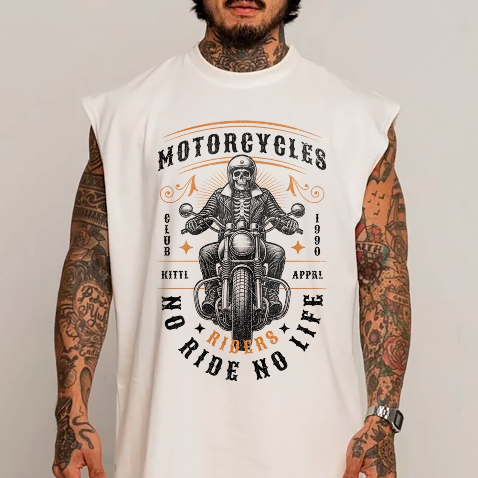 Camiseta Regata Machão Skull Motorcycle Riders Club Branco
