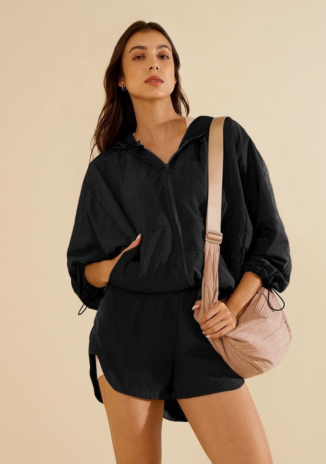 Jaqueta Morena Rosa Oversized Manga Longa Padrão - Preto