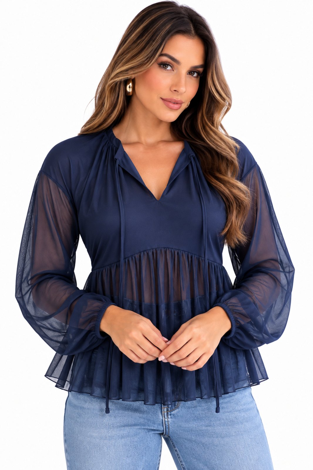 Blusa Peplum Manga Longa D Bell Outlet Fashion Tule Azul Marinho