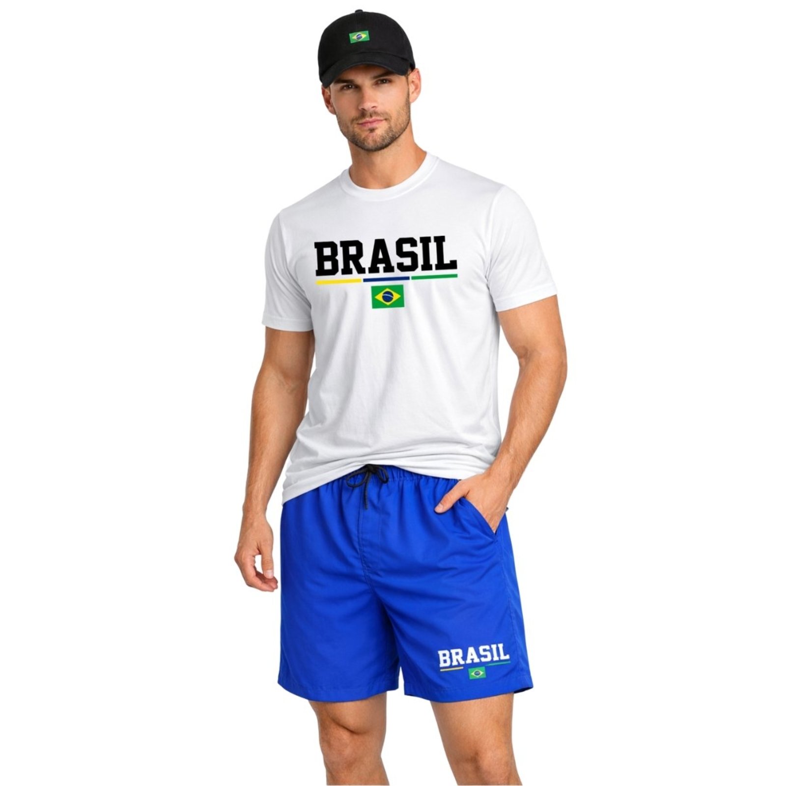 Kit Completo Brasil Masculino Camiseta Algodão Bermuda Tactel Casual e Boné