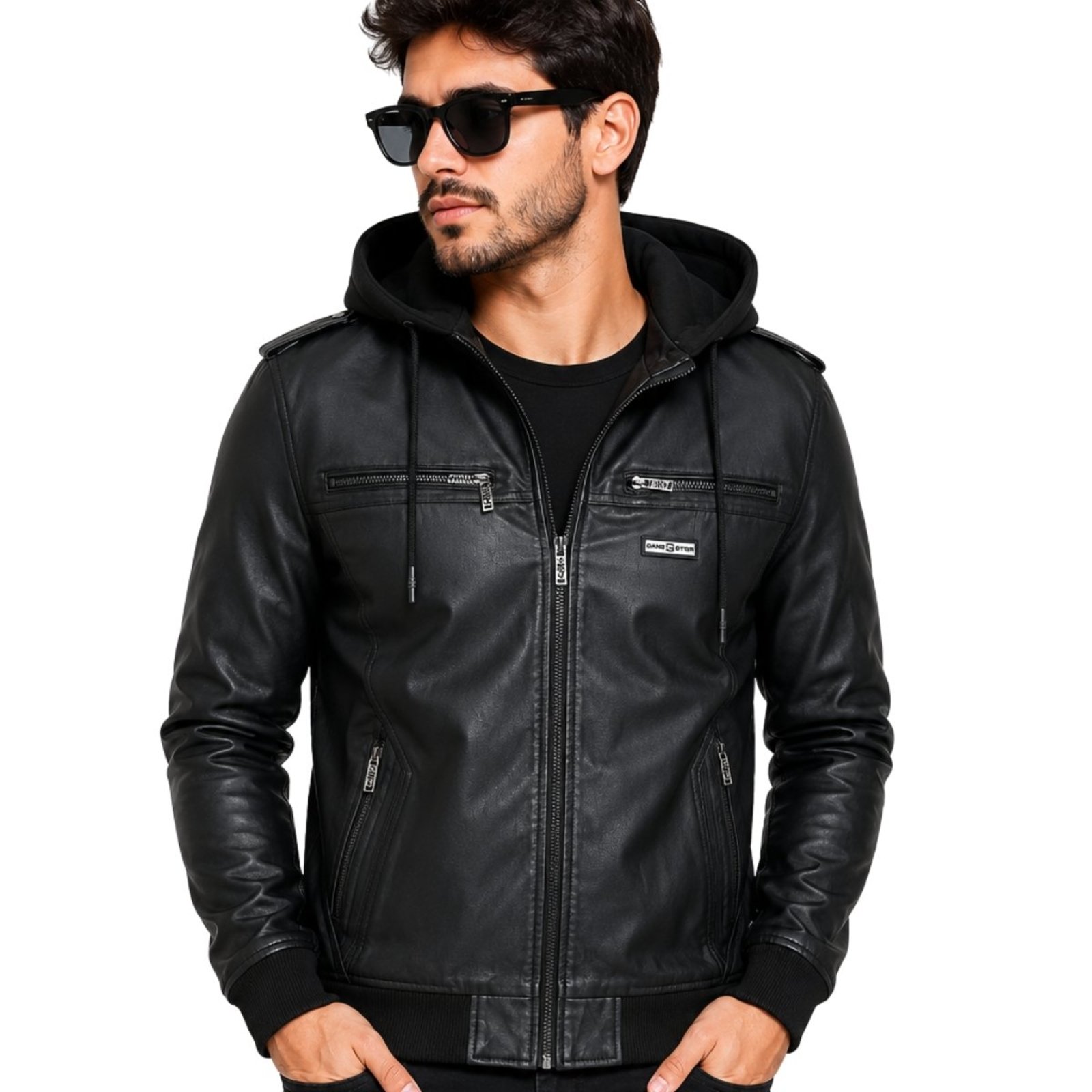 Jaqueta Masculina PU Preta Com Capuz Removível Casual Preto