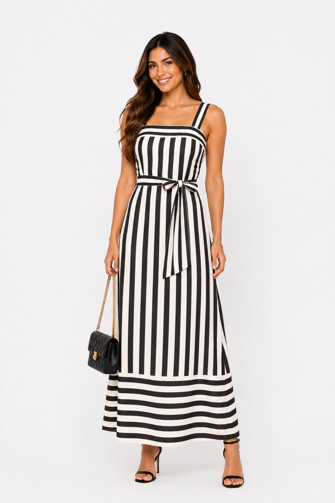 Vestido Midi D Bell Outlet Fashion Listrado Com Faixa Preto