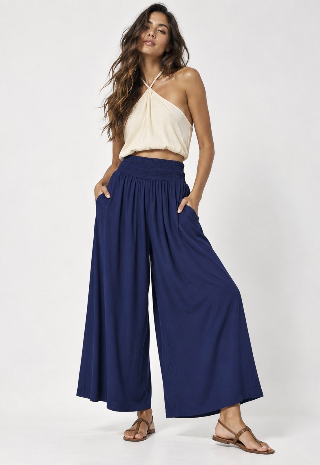 Calça Cabanafree Pantalona Elastic Embaú Estampa Azul Marinho