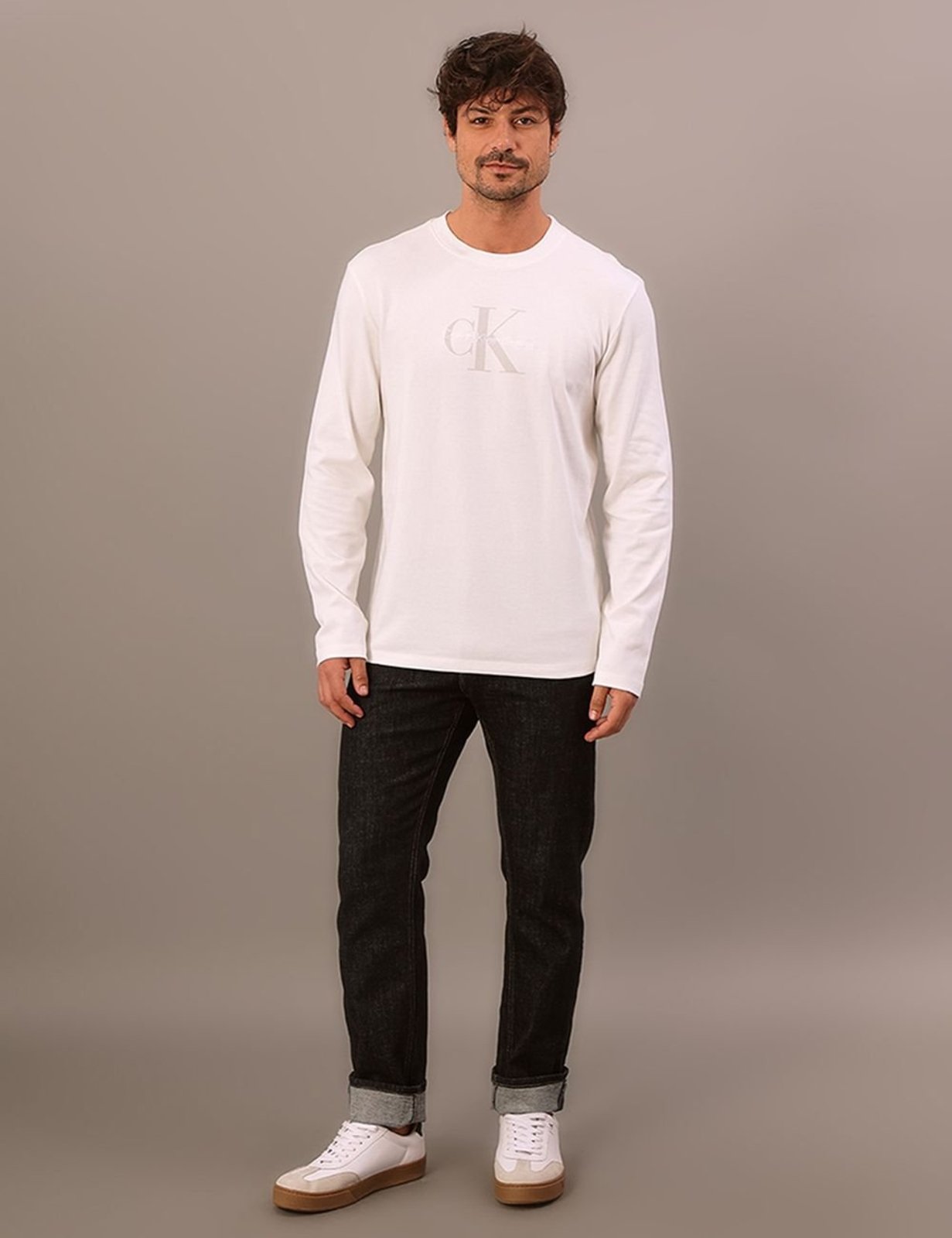 Camiseta Manga Longa Calvin Klein Jeans Masculino Re Issue Bordado - Off White Calvin Klein Jeans