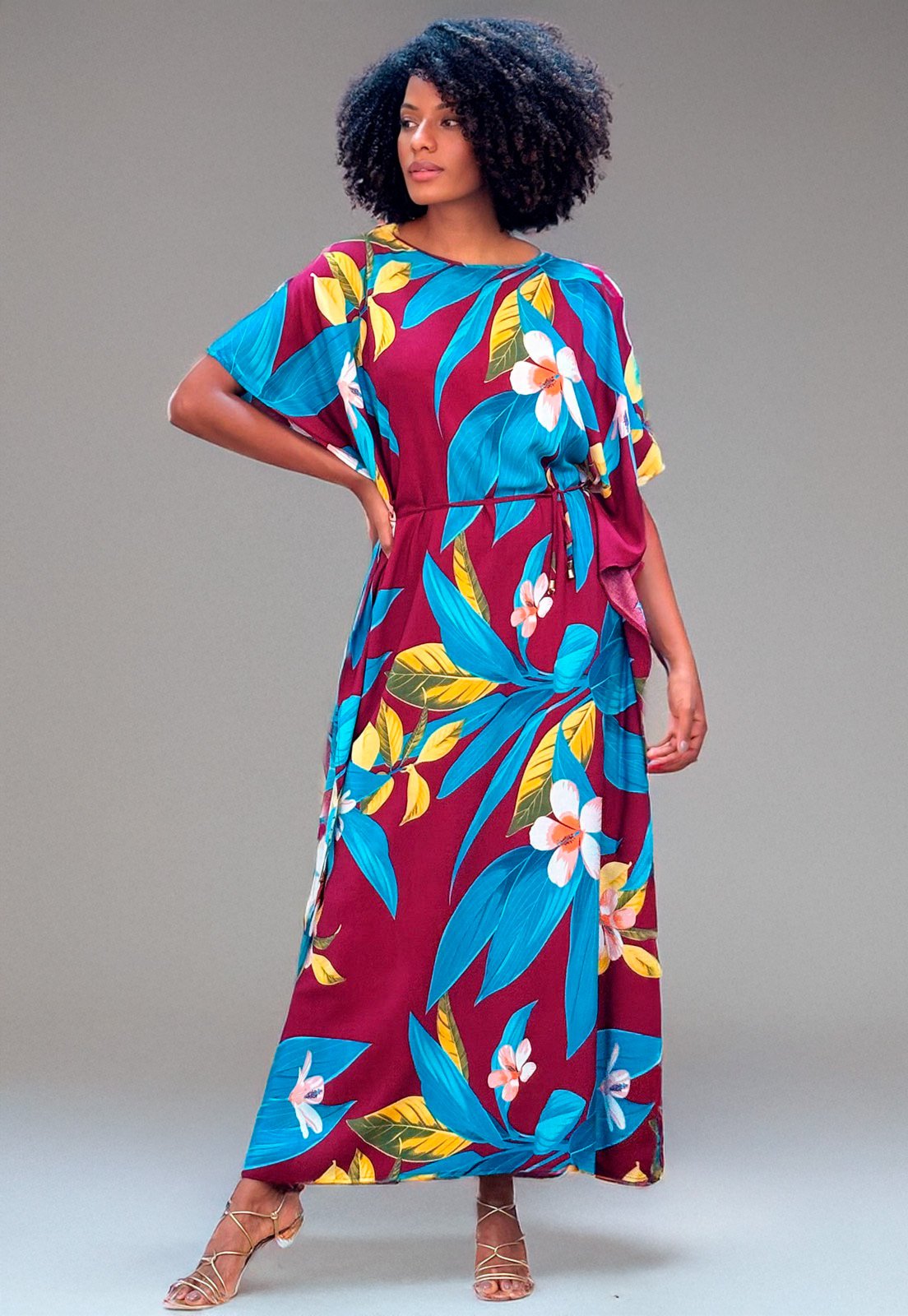Vista 3 Vestido Amazonia Vital Kaftan Viscose Longo Estampa Floral Outono Amazonia Vital amarelo/azul/bordô/estampado