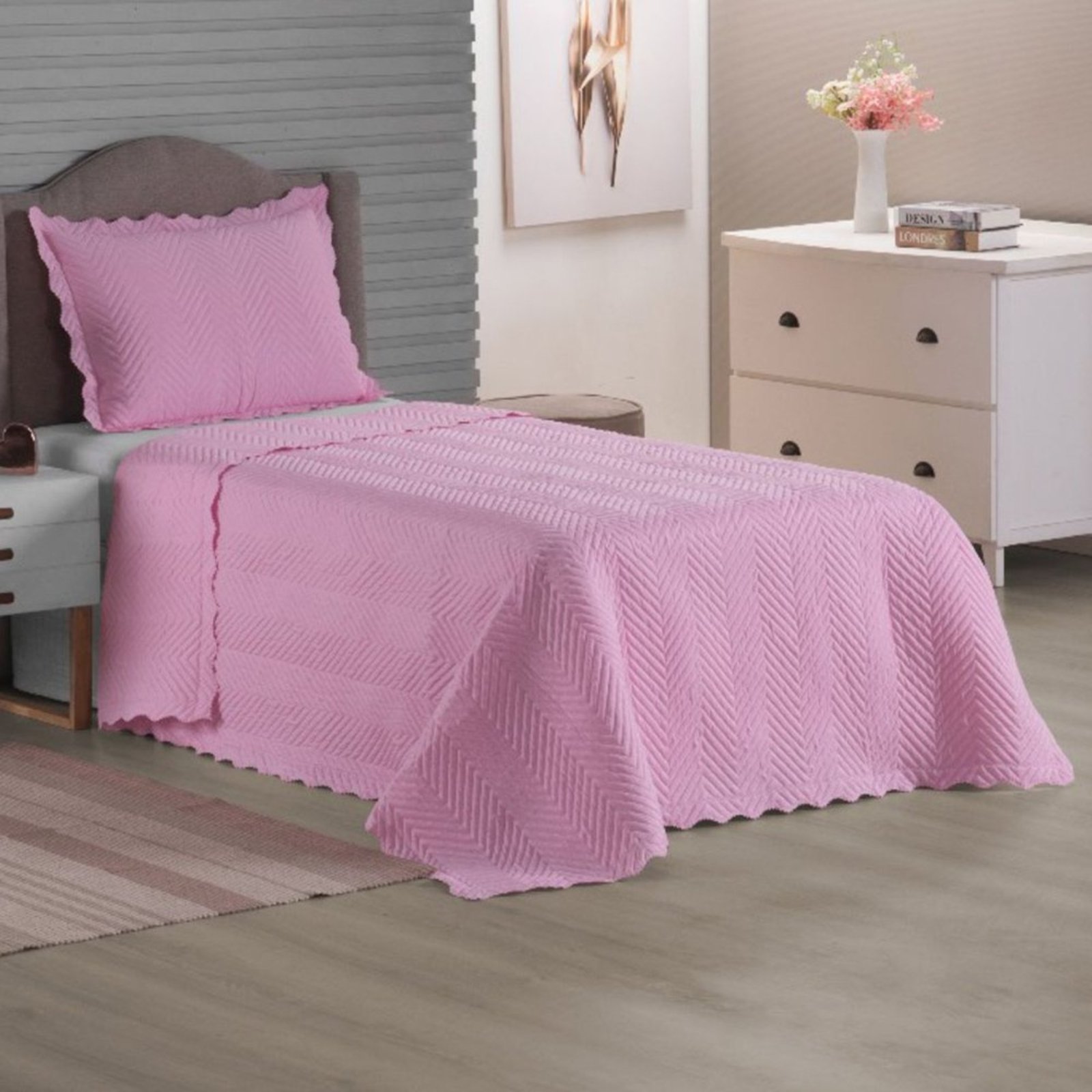 Cobre Leito Colcha Sensação Solteiro 2 Peças Matelassê - Rosa