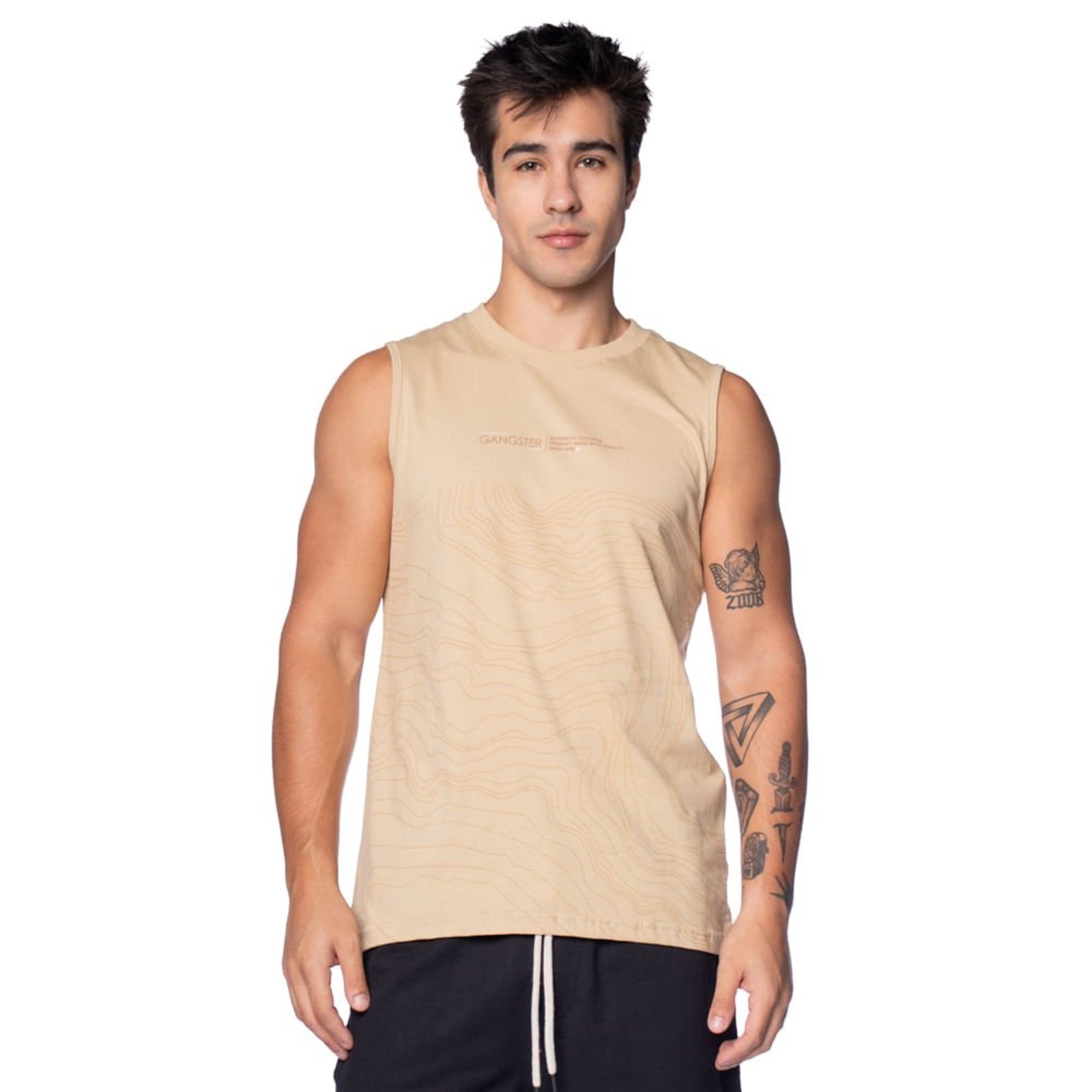 Regata Masculina Gangster Estampa Linhas Caqui