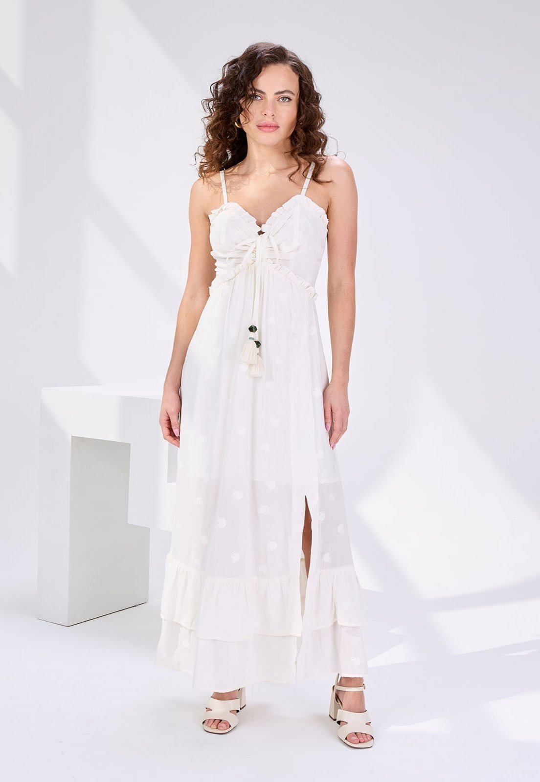 Vestido Midi Tecido Texturizado Off White