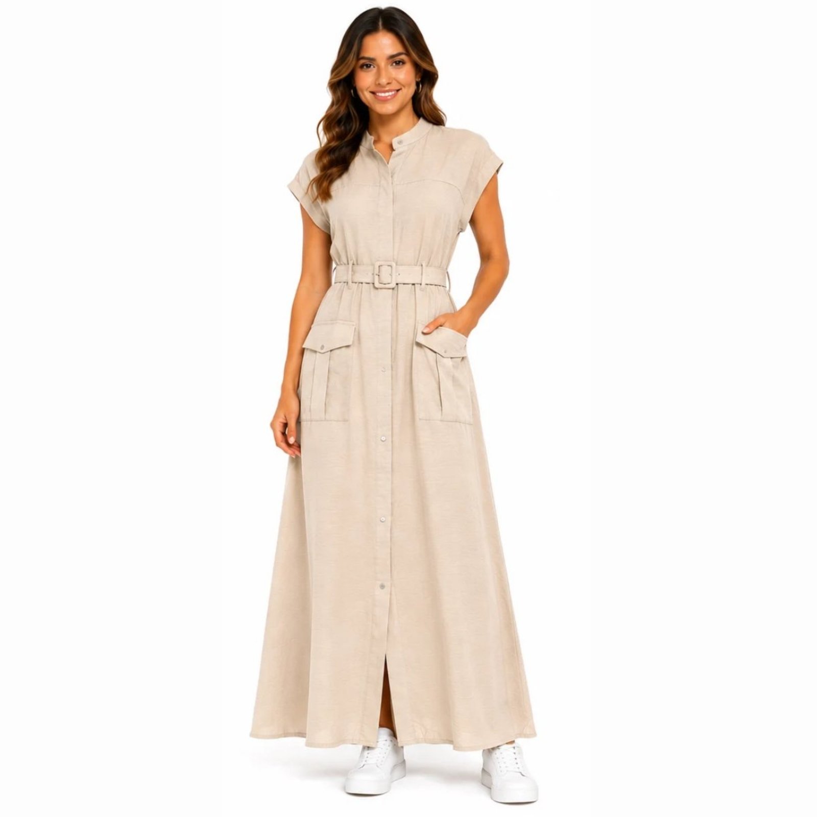 Vestido Feminino Longo Casual Chemise com Bolsos Bege