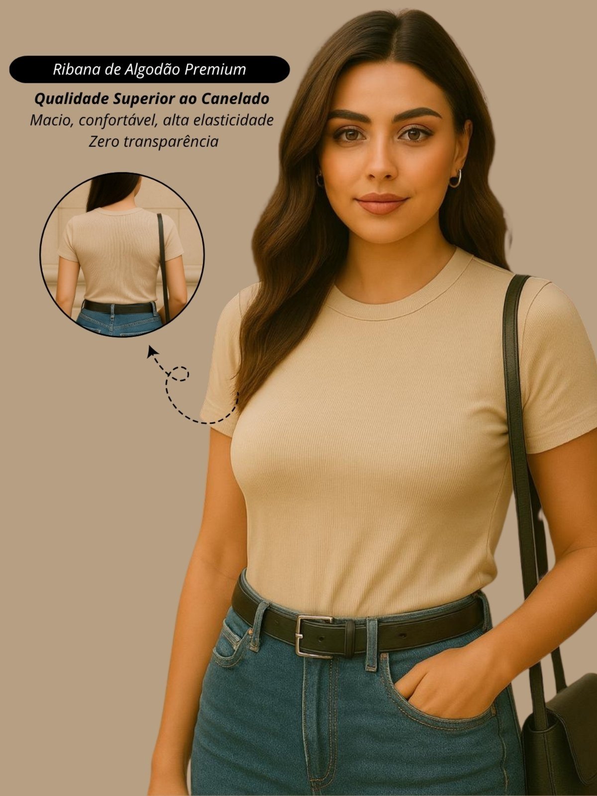 blusa feminina camiseta casual bege basica ribana canelado algodão premium