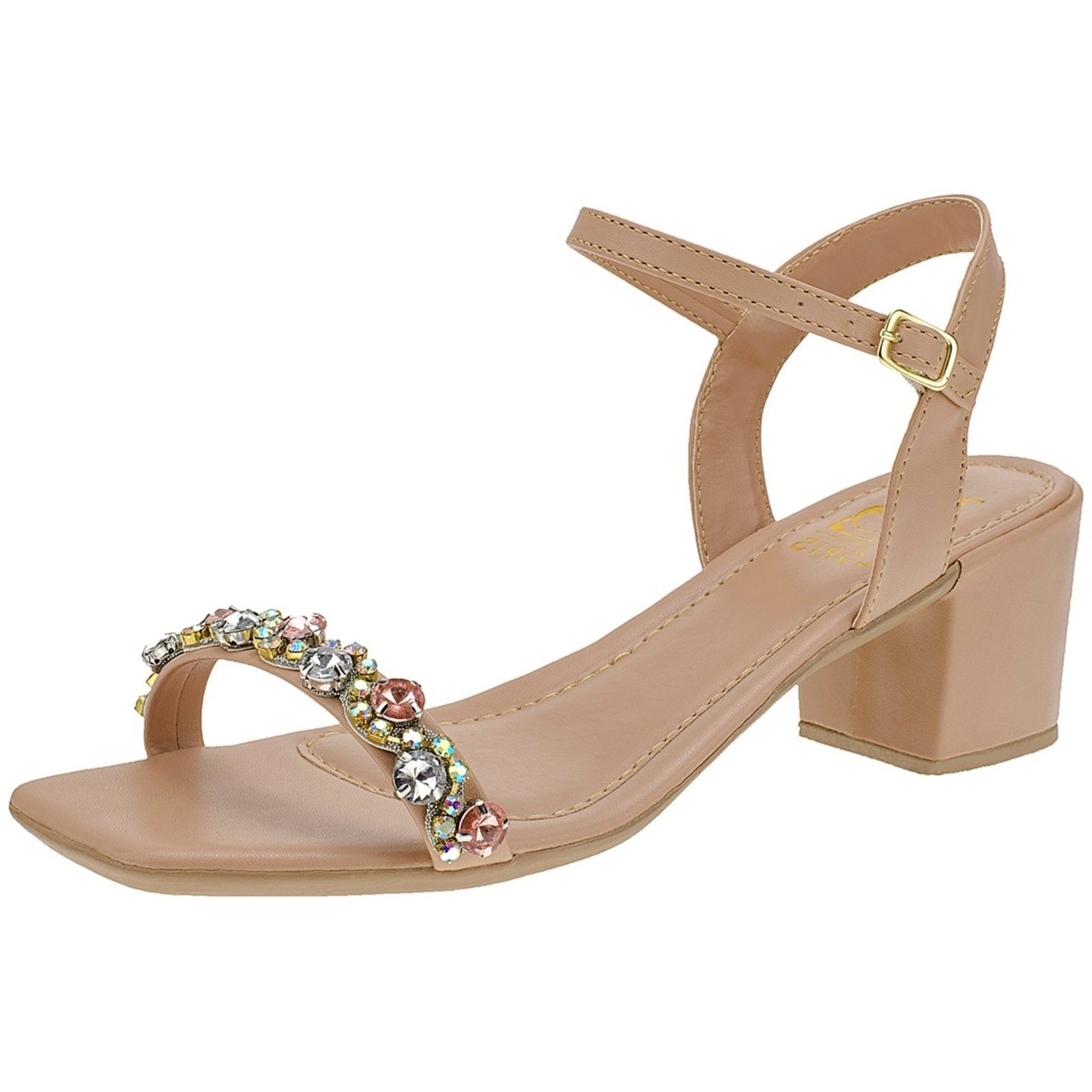 Sandalia Pedraria Strass Feminina Salto Bloco Fivela 030-100 Nude