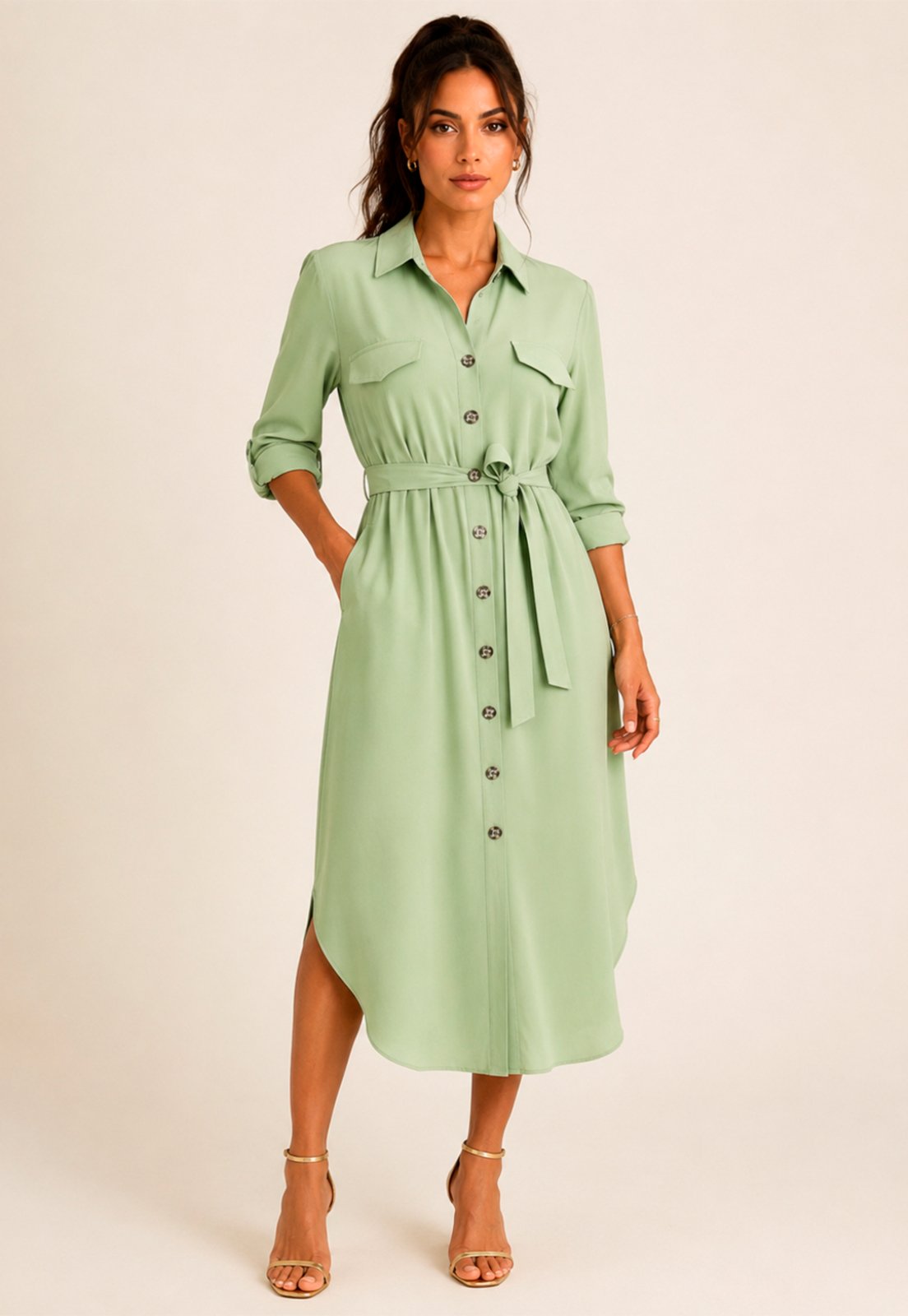 Vestido Mídi com Abotoamento Frontal Verde