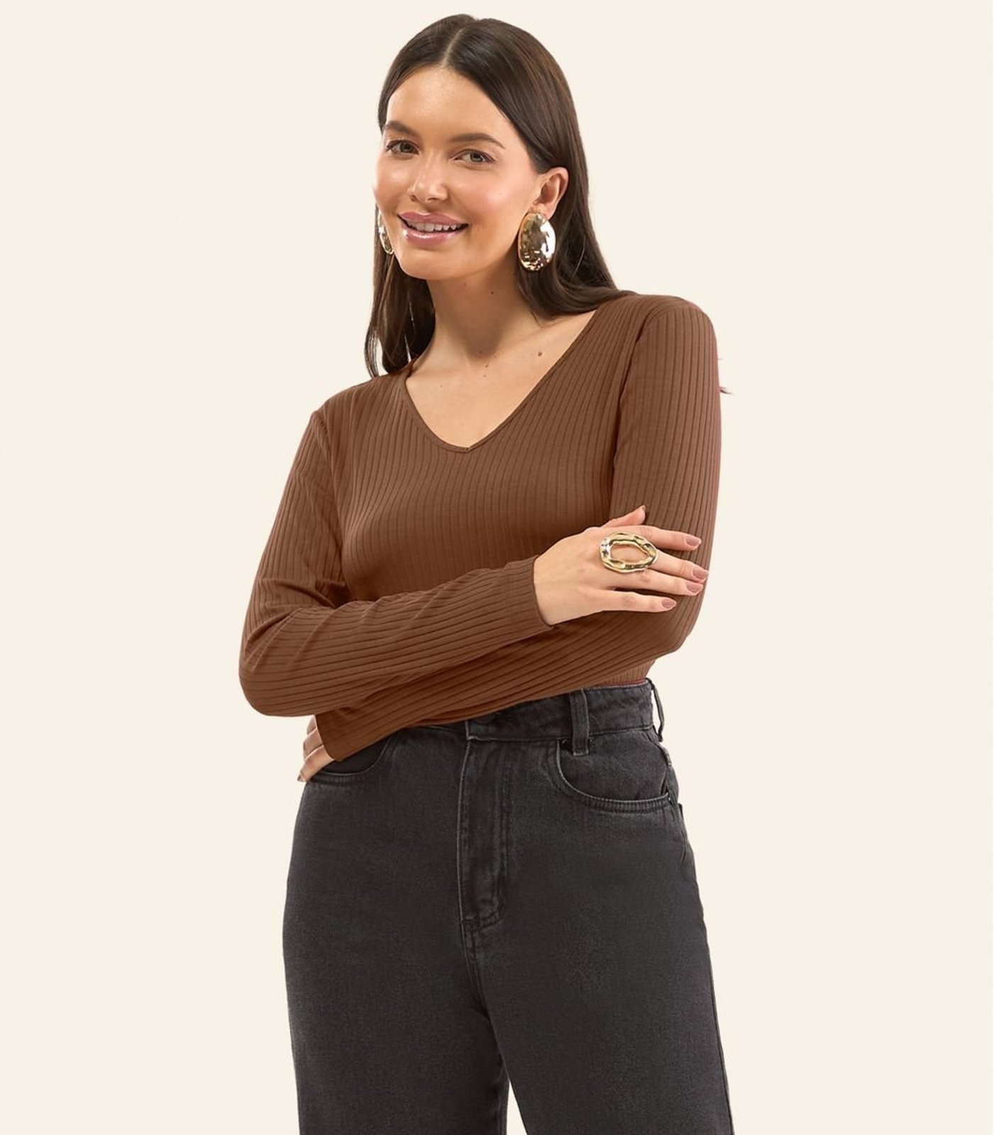 Blusa Manga Longa Em Ribana Canelada Rovitex Marrom
