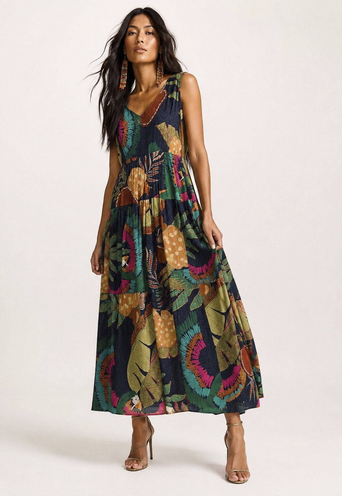 Vestido Amazonia Vital Regata Longo Peri Viscose Camadas Estampa Caju da Mata