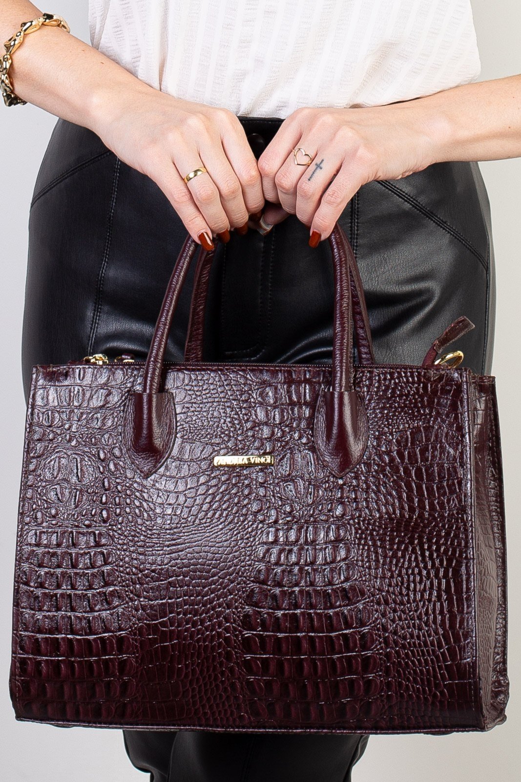 Vista 2 Bolsa Andrea Vinci De Couro Croco Estruturada Valéria - Marsala café café