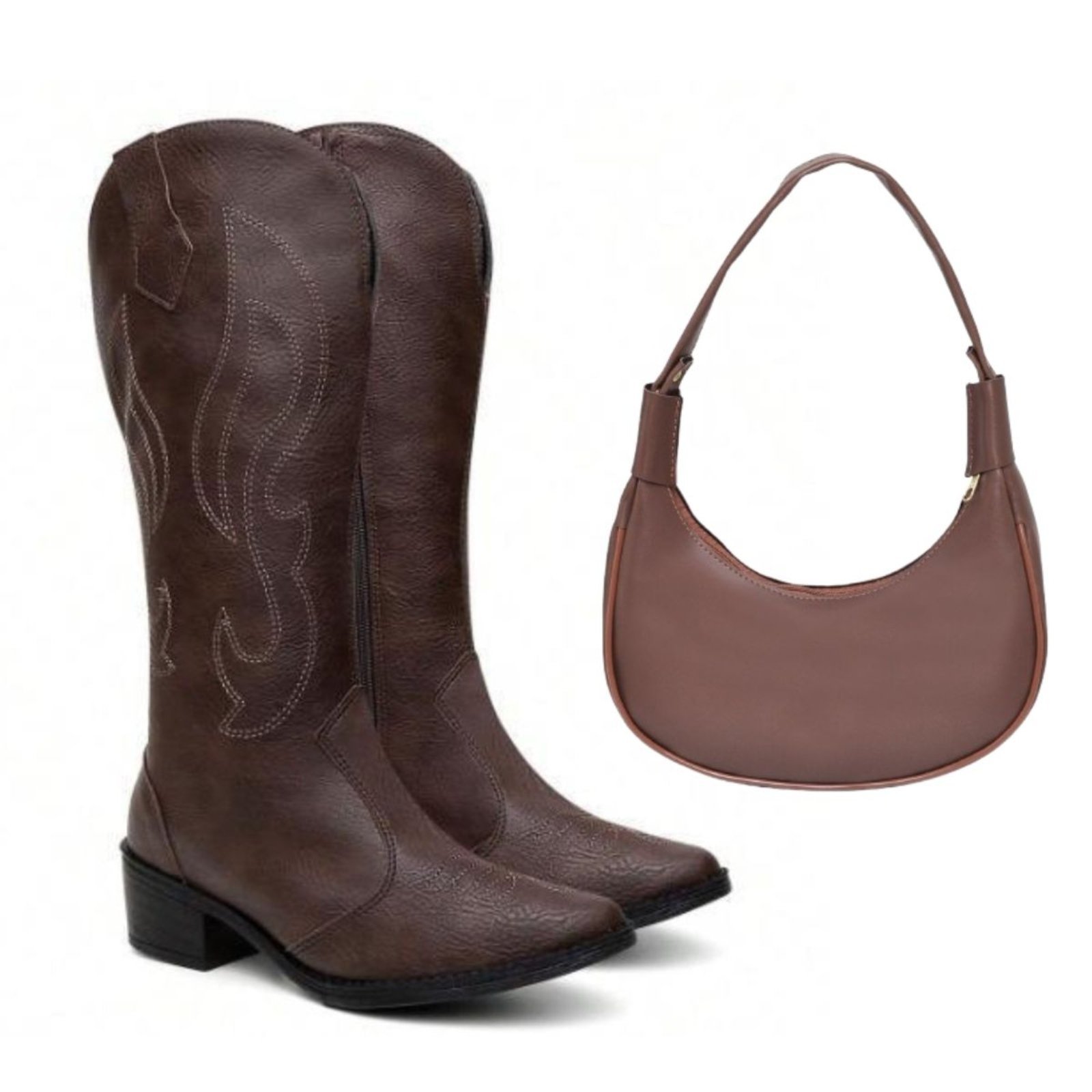 Kit Bota Feminina Veritimo Bico Fino Texana Western Bordada Moda Country Bolsa Tiracolo Café