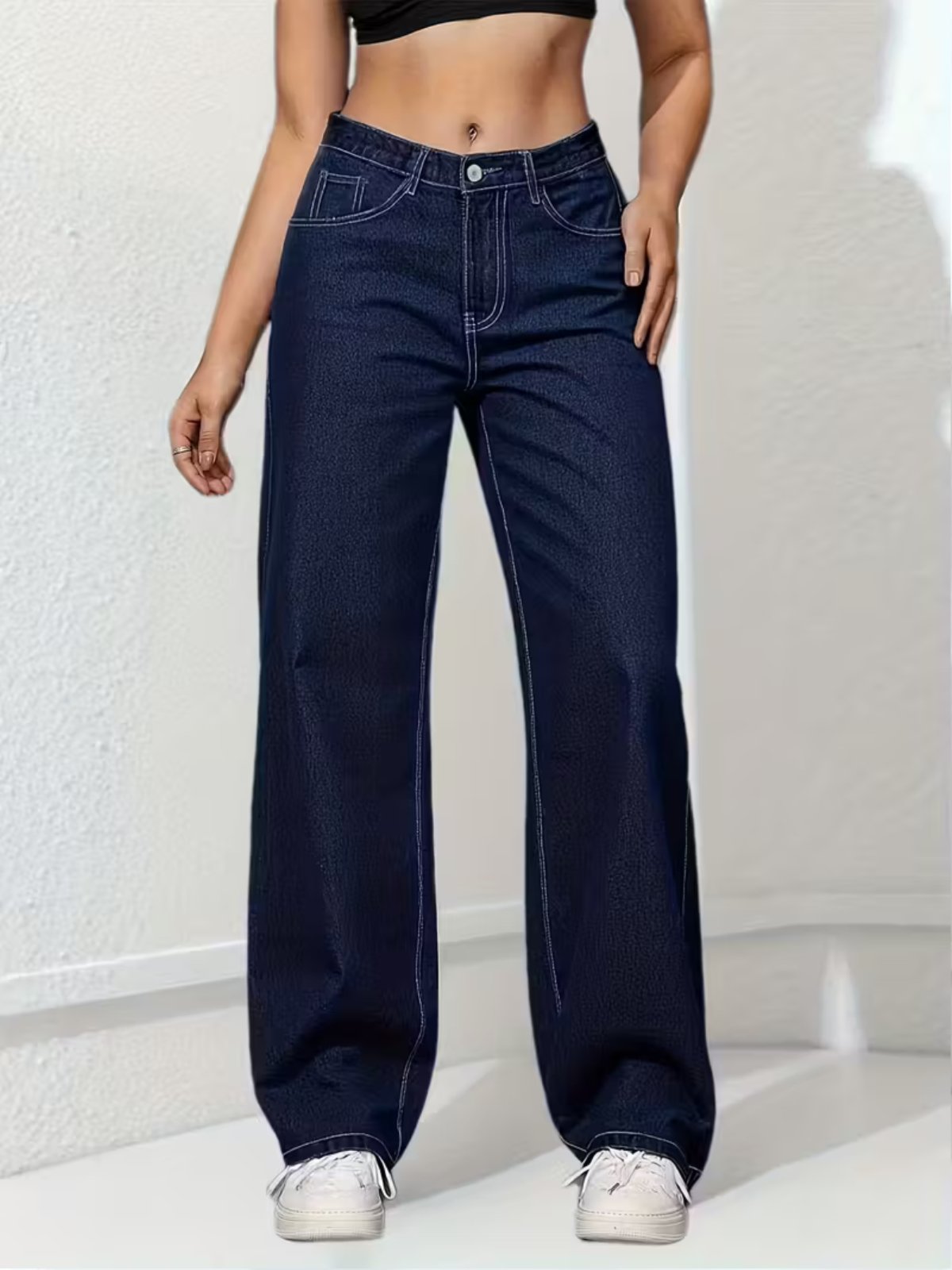 Calça Wide Leg Feminina Kovali Fashion Store Confortavel e Básica Tecido Premium Azul Escura