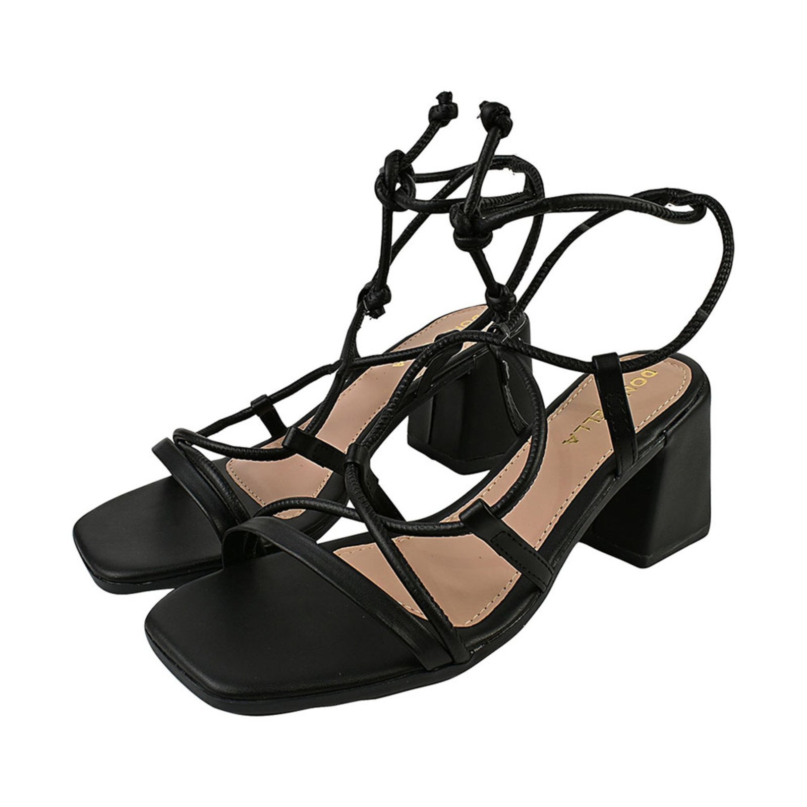 Sandália Feminina CM Calçados Bico Quadrado Salto Alto Casual Santorine Preto Amarrar Tira Nó