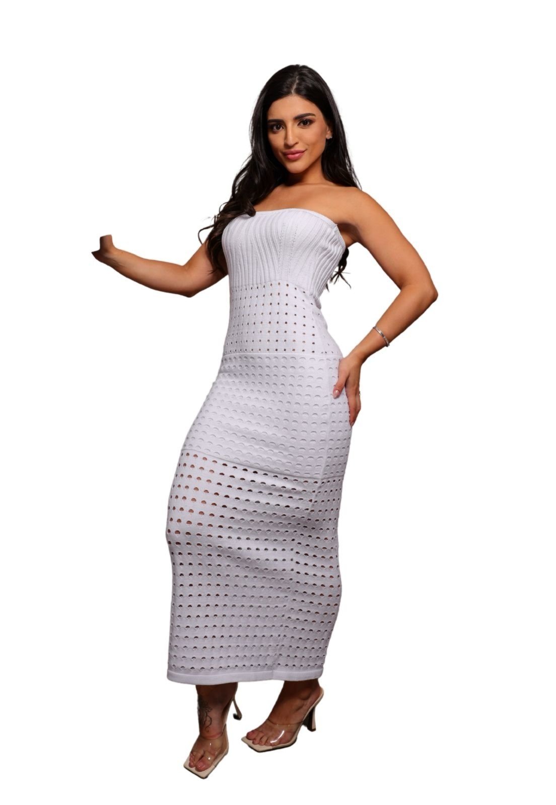 Vestido Midi Tubinho Tricot Sereia Donatella Réveillon Ano Novo Branco