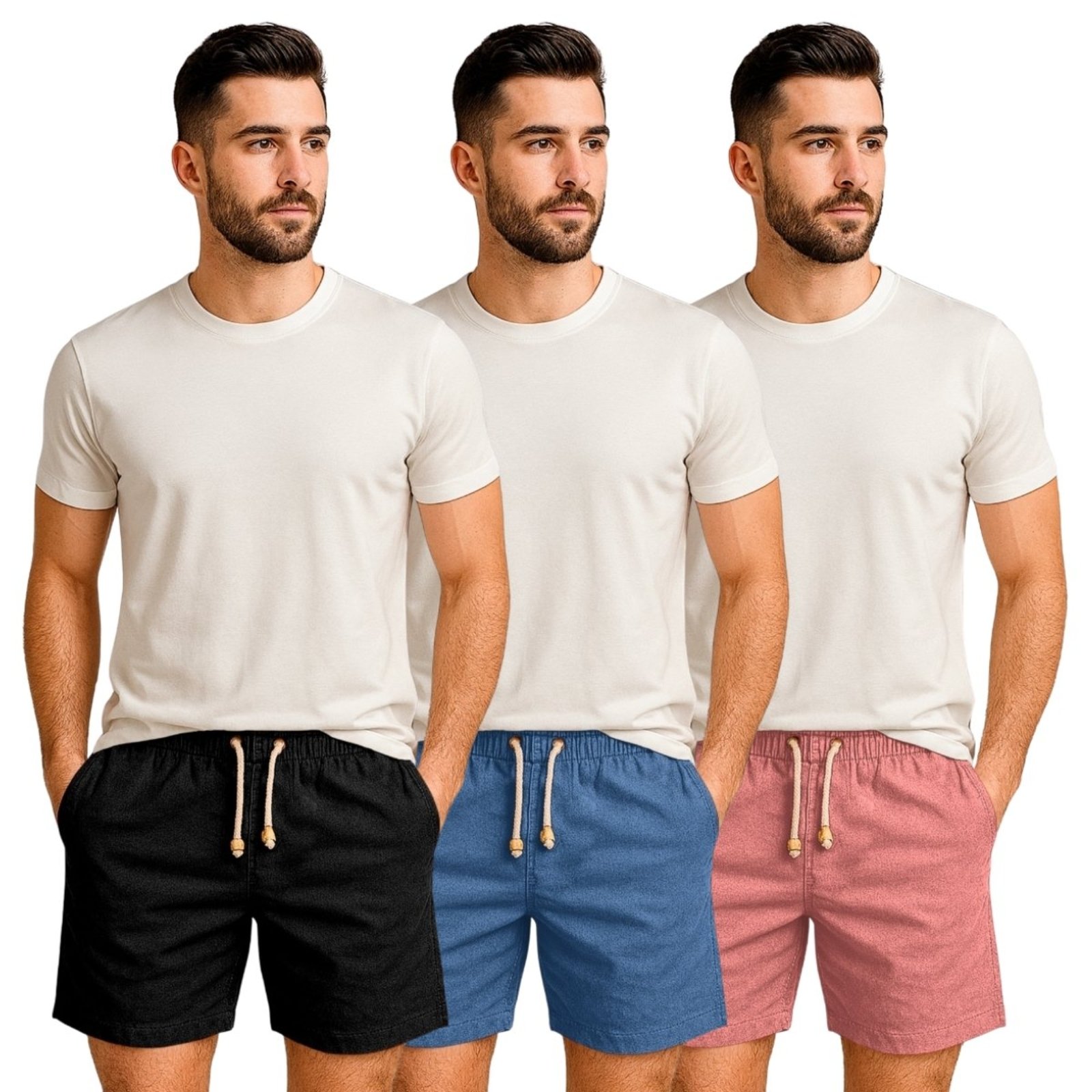 Kit 3 Shorts Linho Premium Bermuda Masculina Moda Praia Luxo