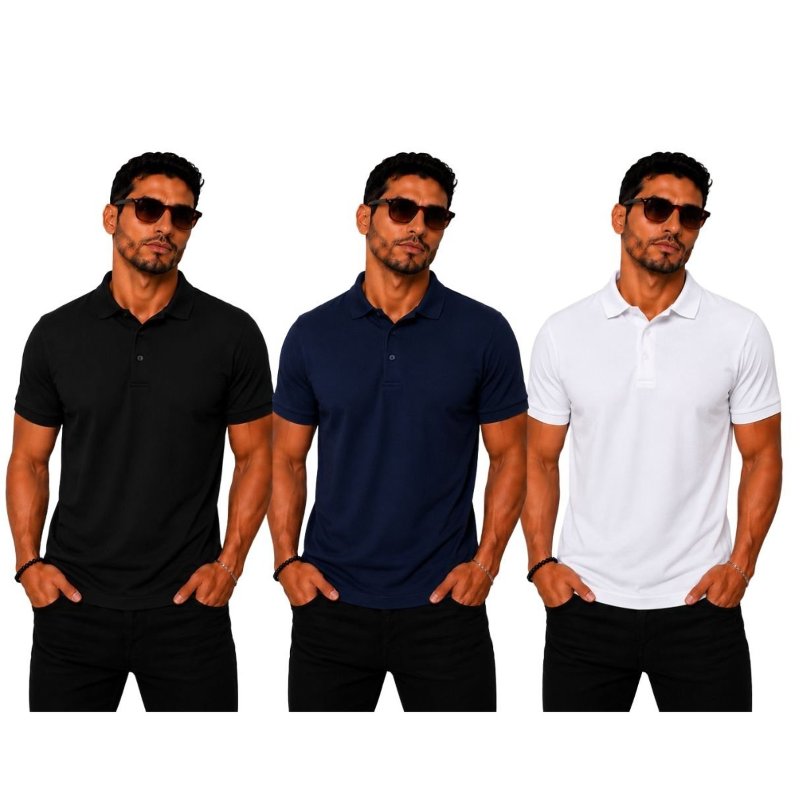 Kit 3 Camisas Polo Poliamida Masculina Básica Premium Multicolorido