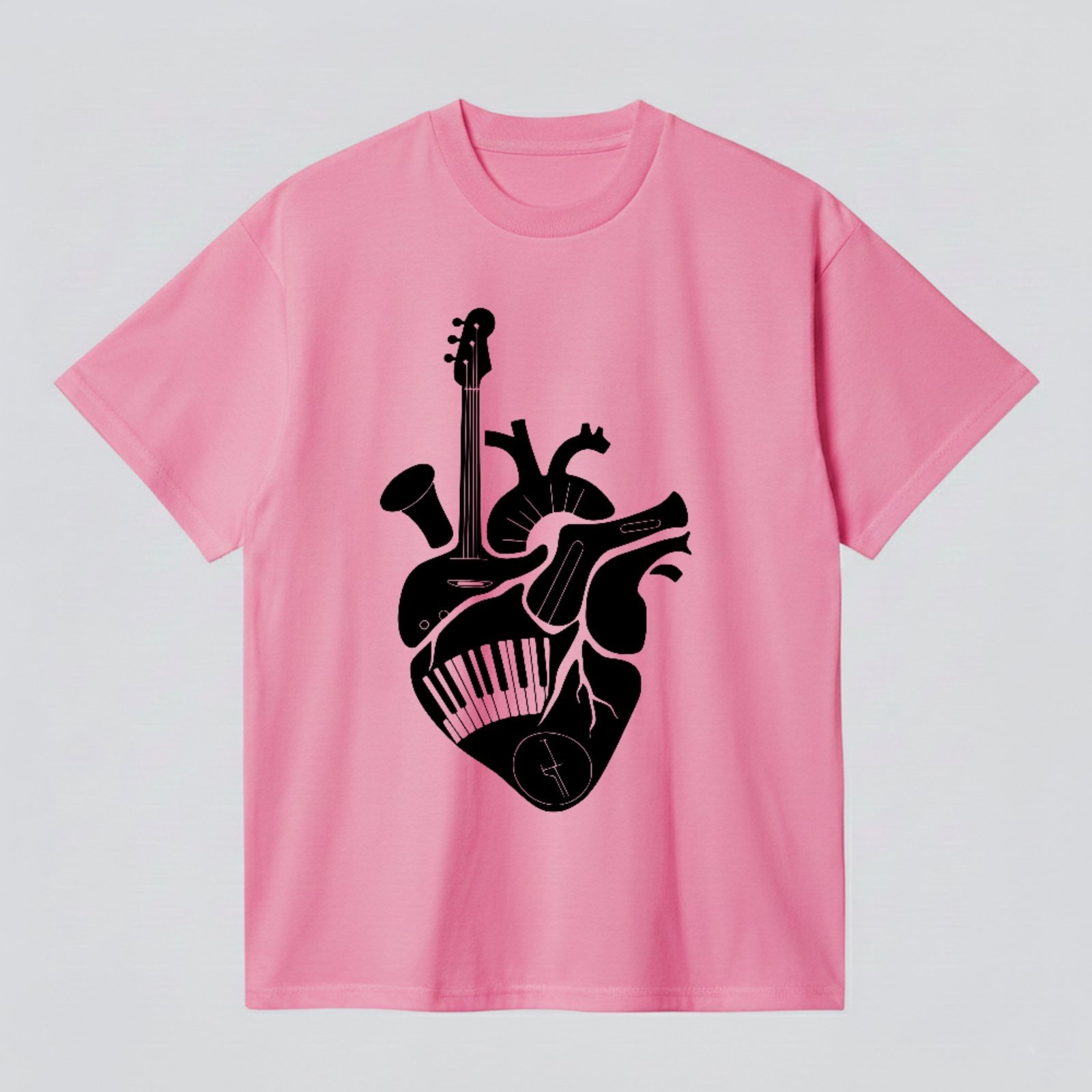 Camiseta Básica Coração Musical Instrumentos Estilo Artístico Rosa