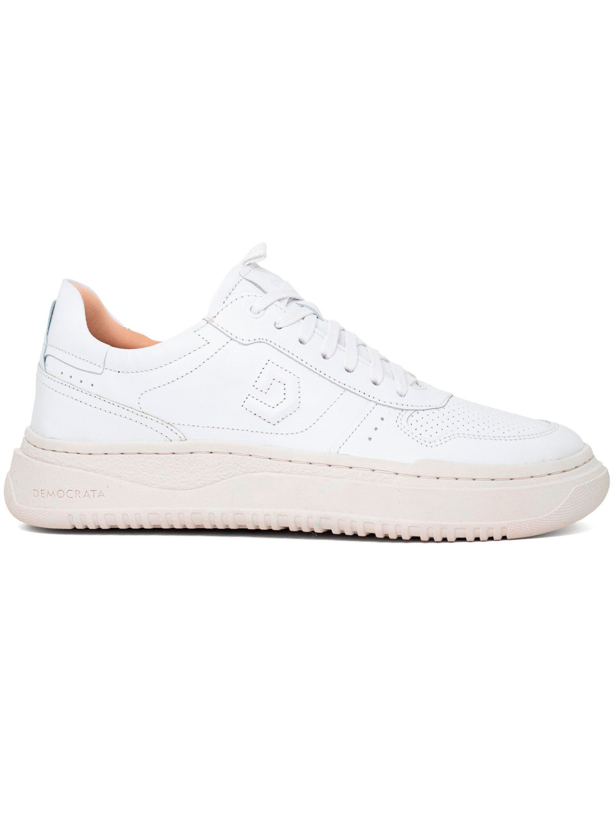 Tênis Masculino Democrata Casual Denim Block Couro Com Cadarço Branco Off White