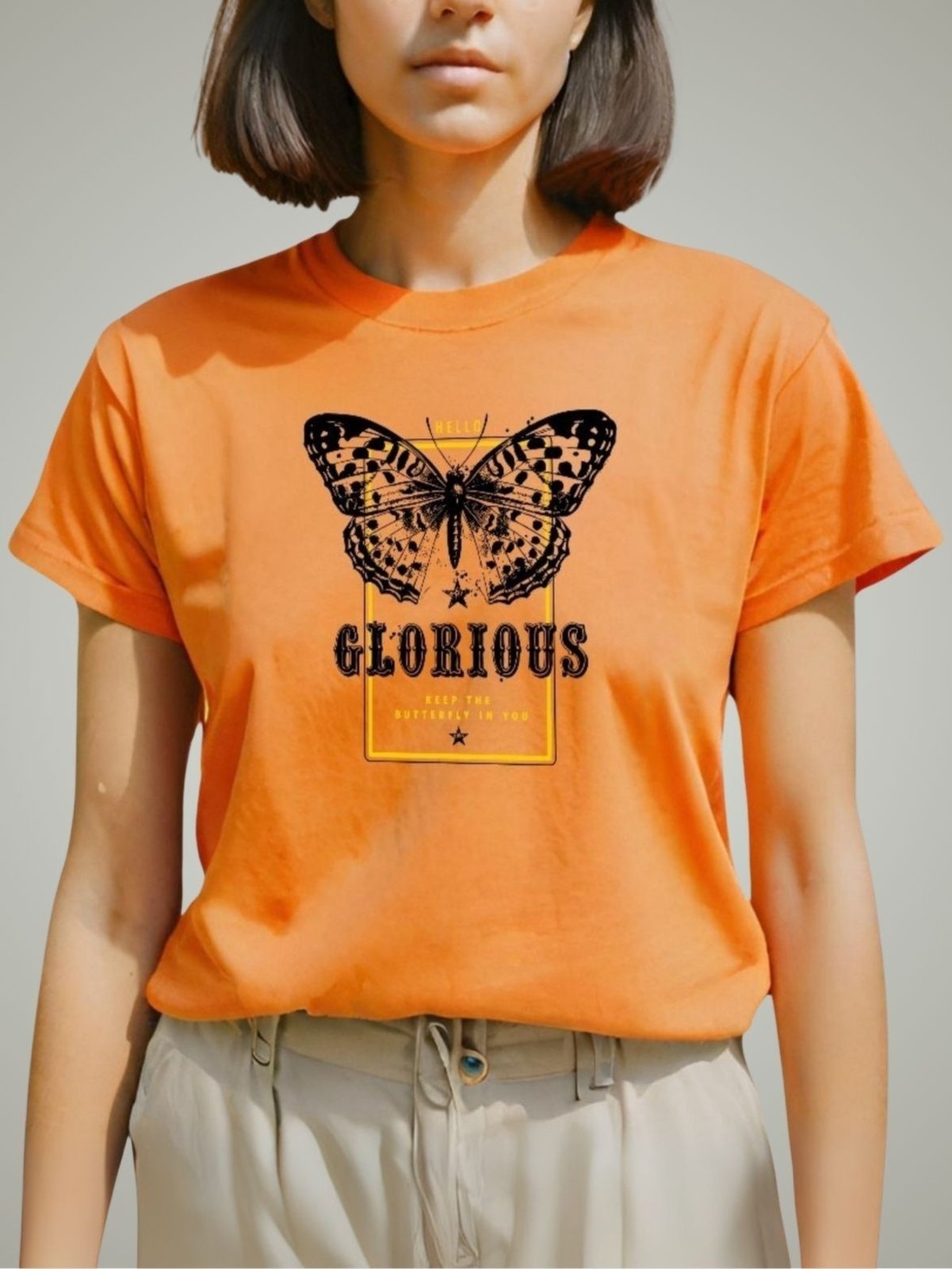 Camiseta Feminina T-shirt Plus Size GuGi Borboleta Estampada Camisa Blusa Laranja
