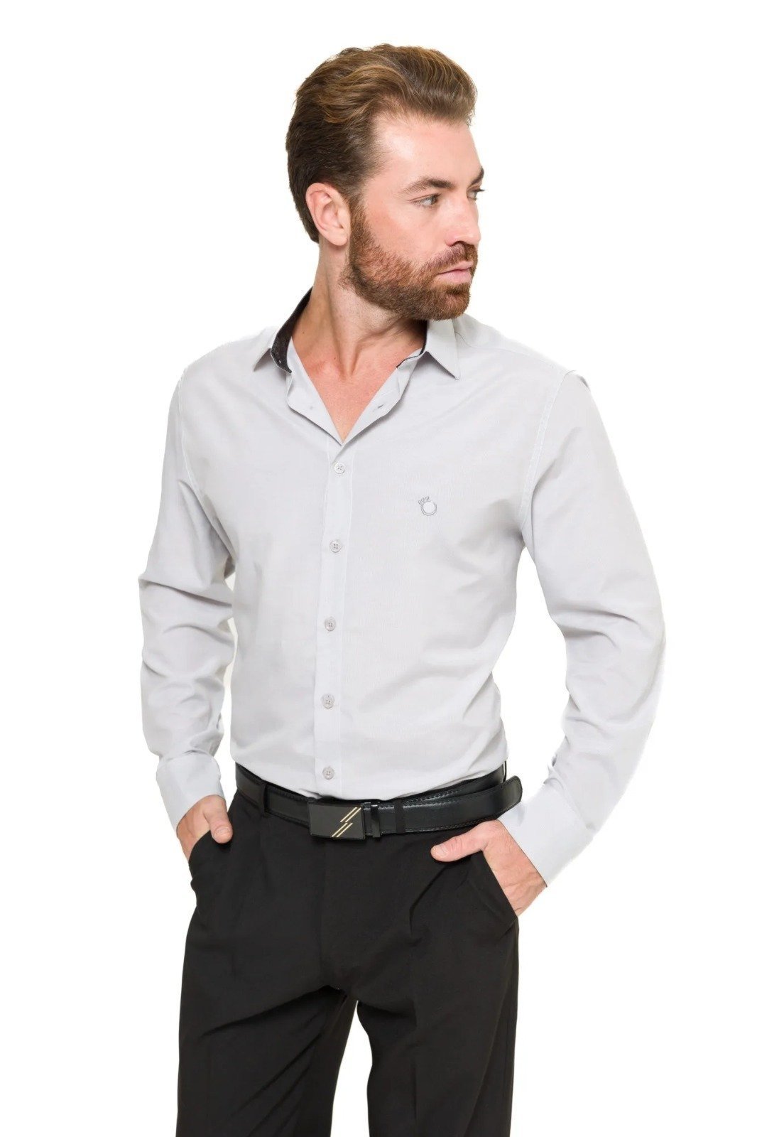 Camisa Social Masculina Slim Olimpo Listrada Manga Longa Cinza Claro