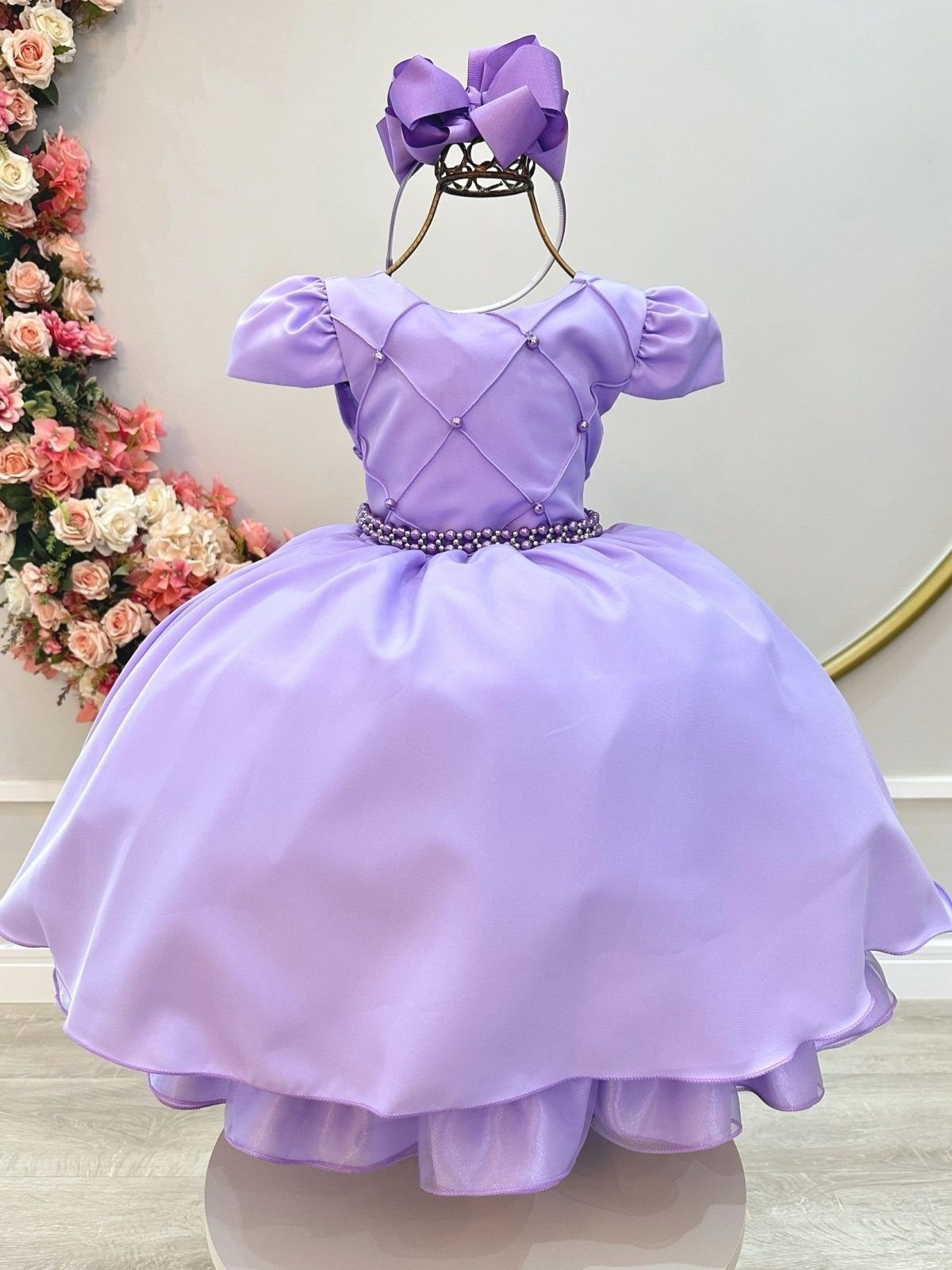 Infantil - Vestido Menina Juvenil Festa Lilás Lavanda Pérolas Formatura Casamento Juvenil Princesa Social Rodado Florista Dama Daminha Aniversário Luxo
