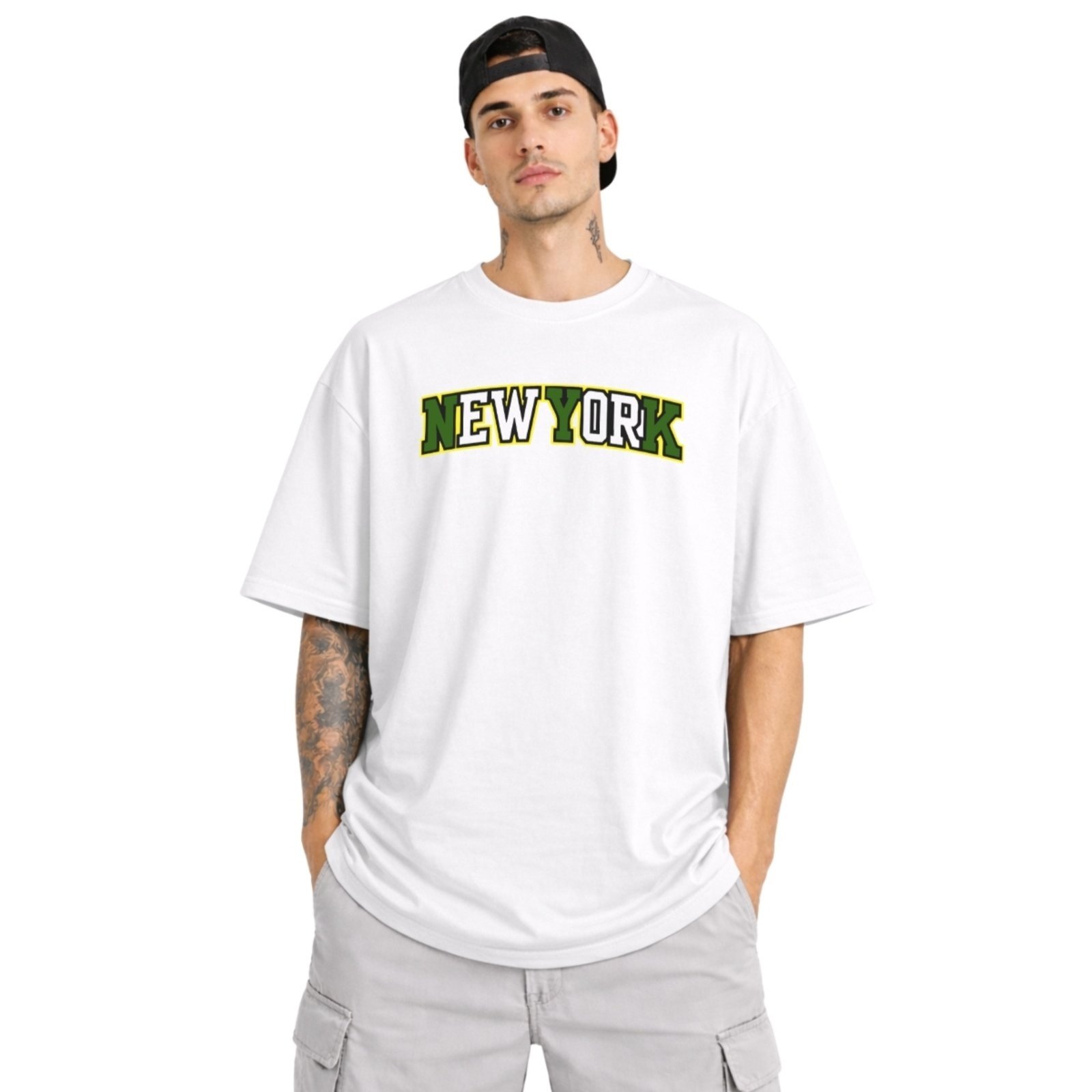 Camiseta Oversized de Algodão Masculina Ideal para Academia e Esportes Gola Redonda Estampada