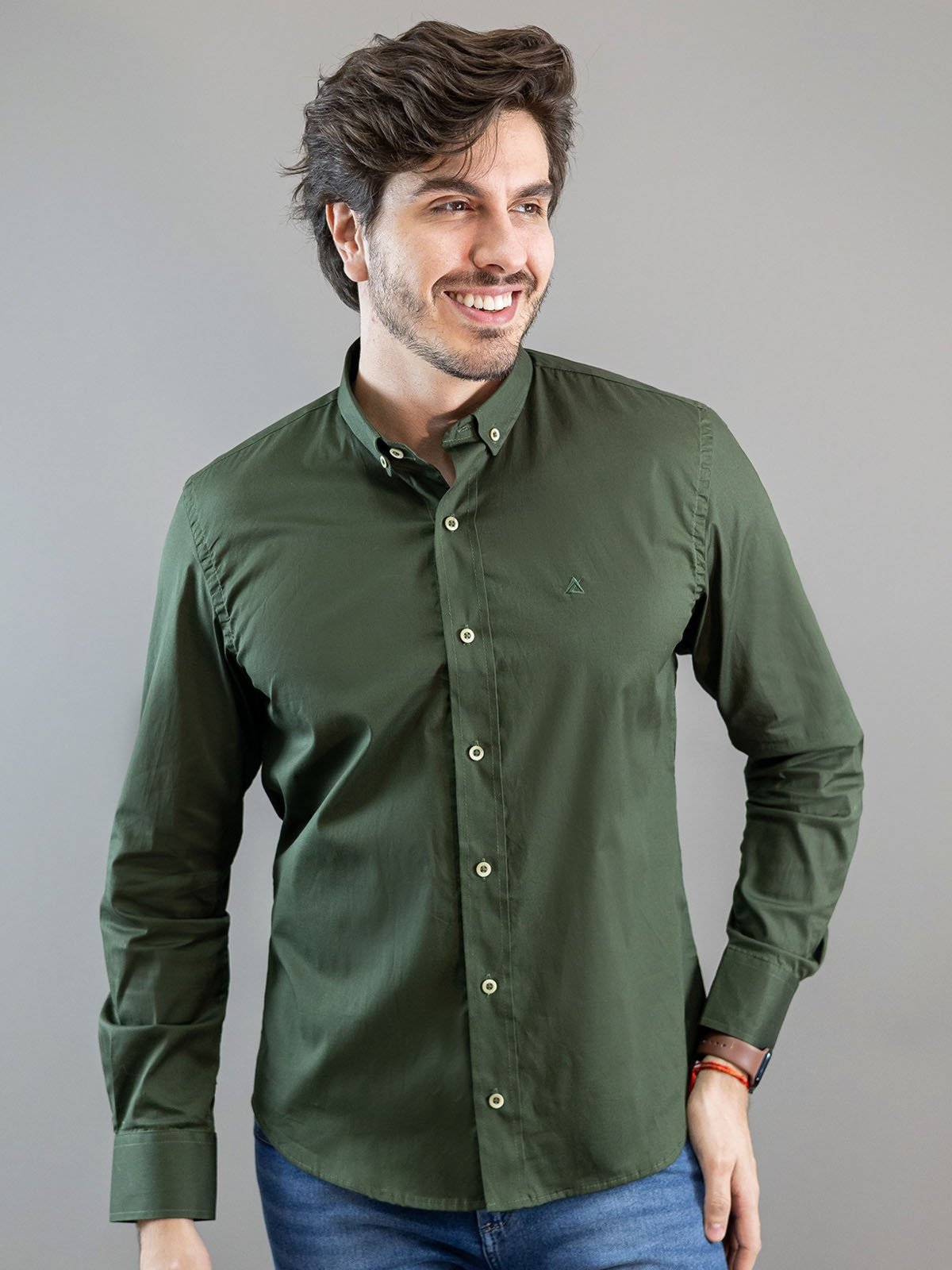Camisa Social Masculina Verde Militar Manga Longa Anticorpus
