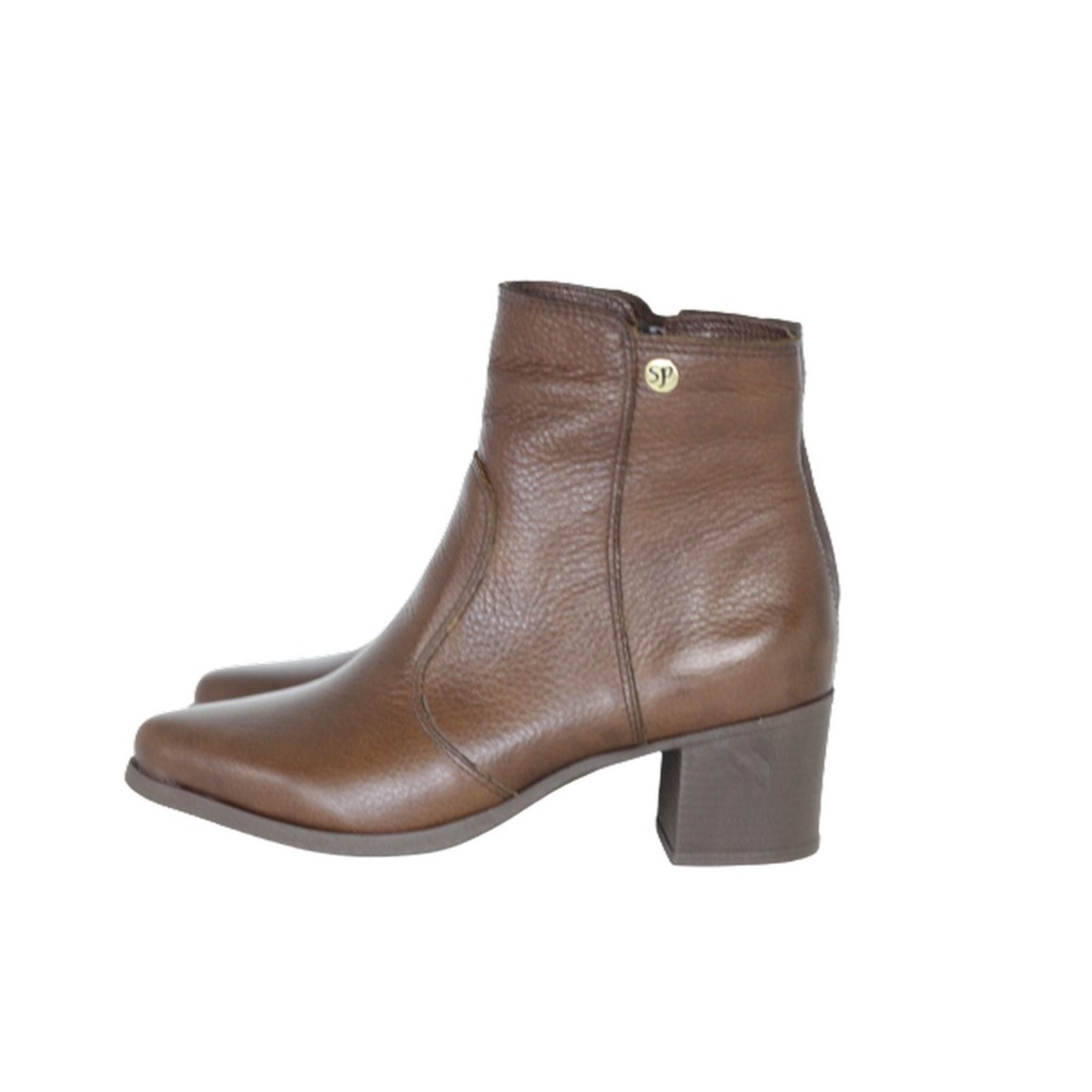 Bota Feminina Bico Fino Cano Curto Couro Salto em Bloco Baixo Camel Spinelli