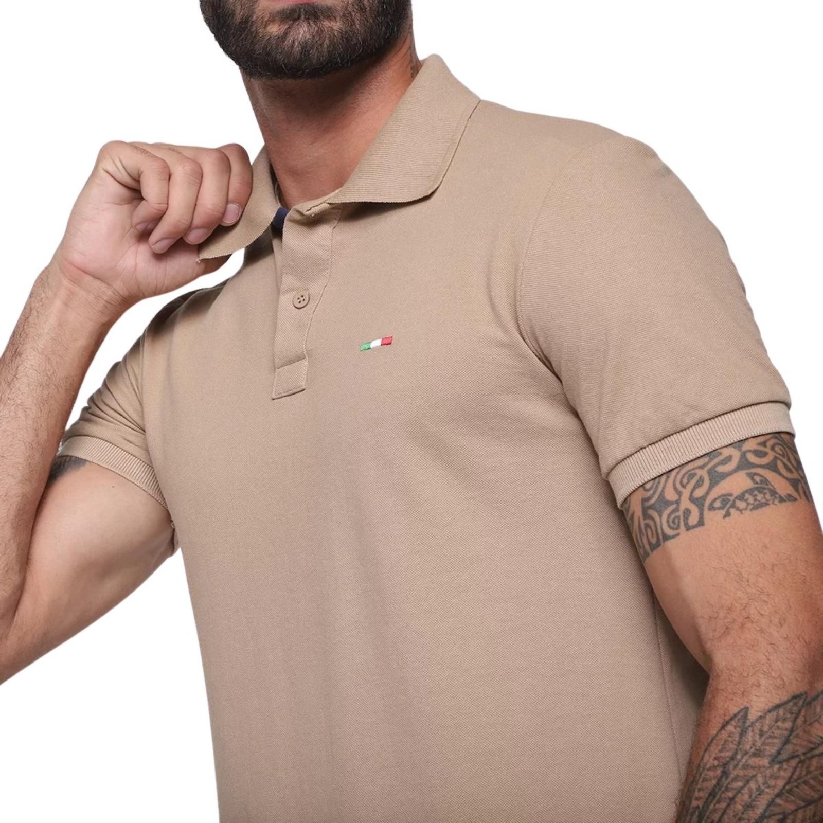Camisa Polo FMF Masculina Básica Industrie Piquet no Estilo Tommy Bordado Itália Bege