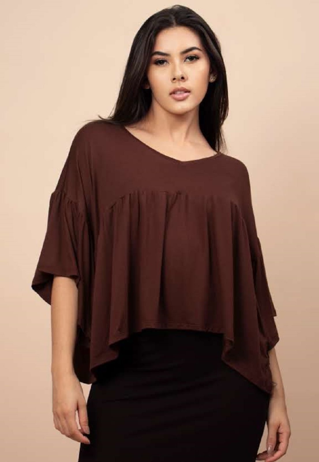 Blusa Bata Fulô Babado Malha Marrom