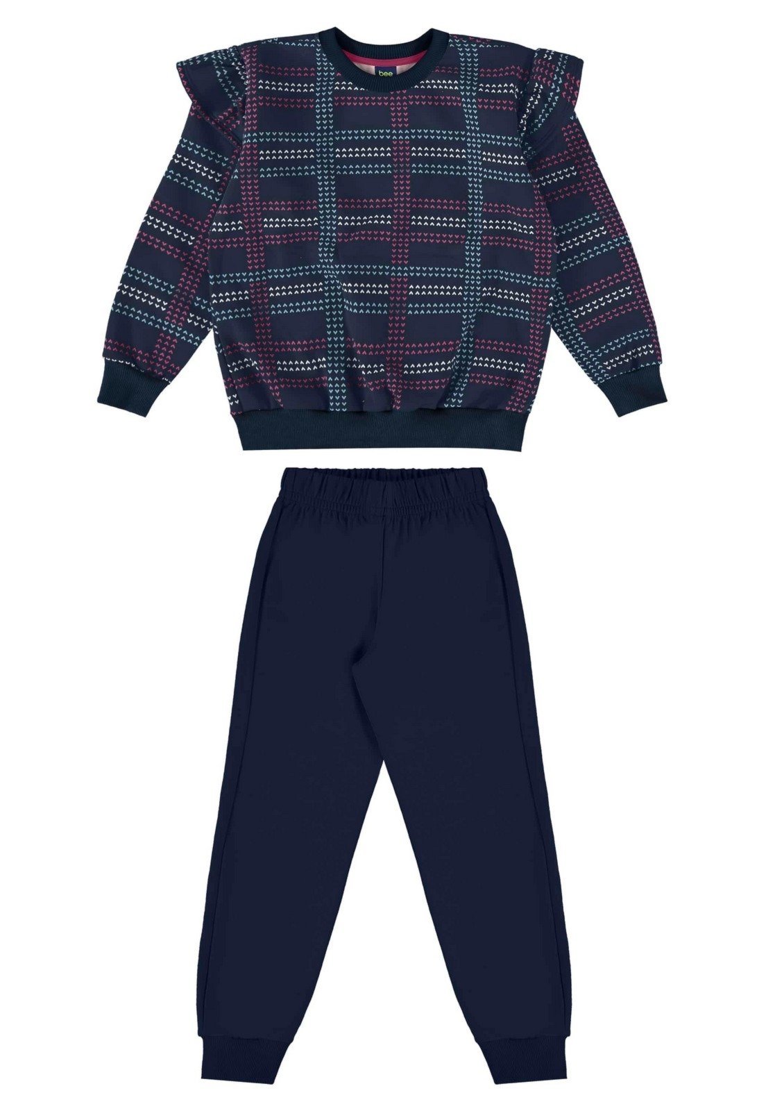 Infantil – Conjunto Feminina com Blusão Xadrez e Calça Bee Loop Azul Marinho
