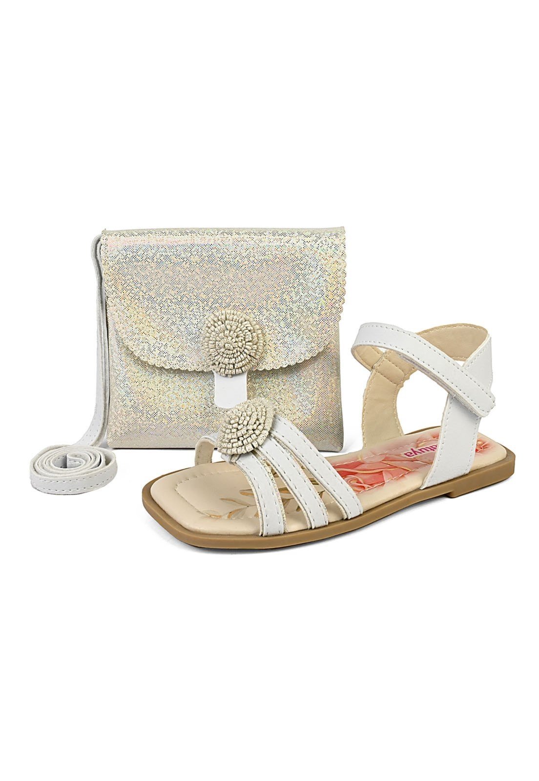Infantil – Kit Sandália Rasteira Feminina Menina Conforto Com Bolsa Branca Mzkid
