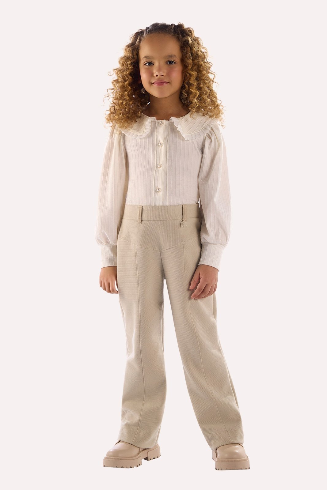 Infantil - Conjunto Off Blusa em Algodão e Calça Canelada