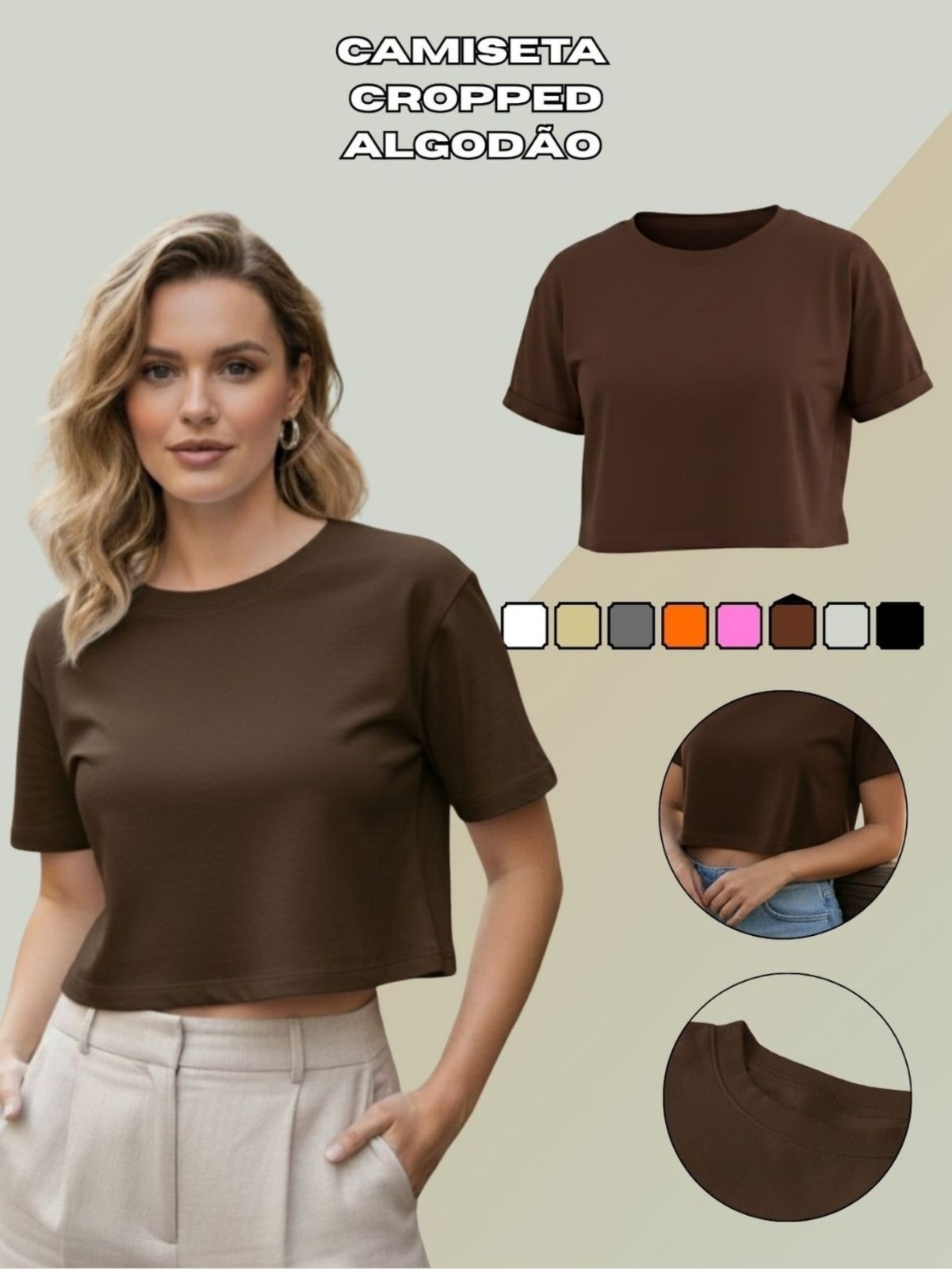 Camiseta Cropped Malha Premium Corte Moderno Marrom